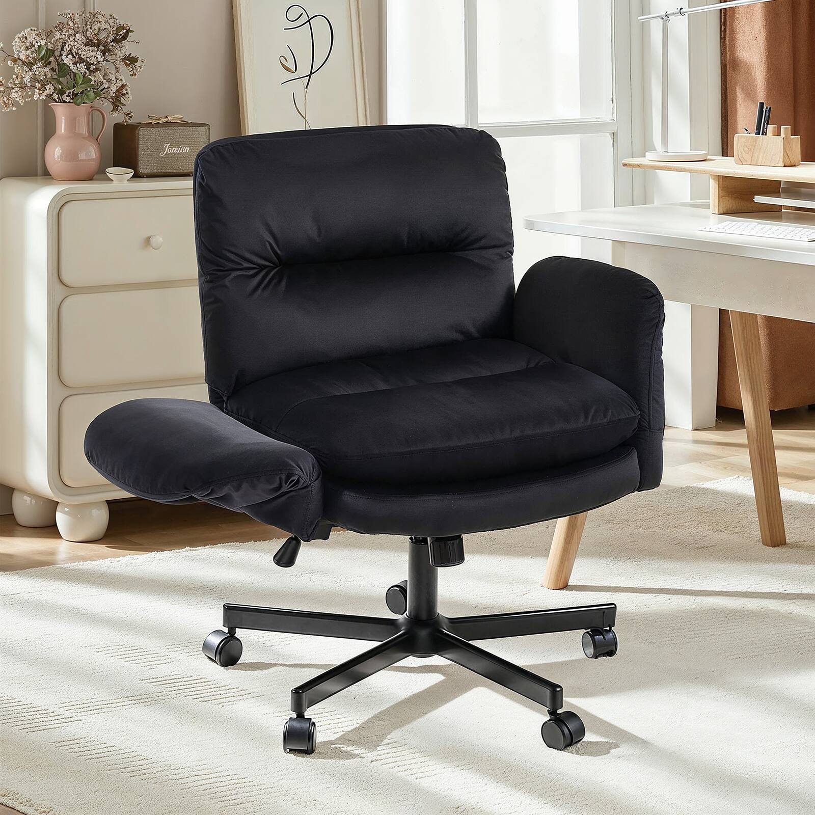 Alt View 5. Bestier - Criss Cross Office Chair, Flip-Up Armrest Swivel Desk Chair with Wheel, Ergonomic Computer Chair for Study Makeup Gaming - Black.