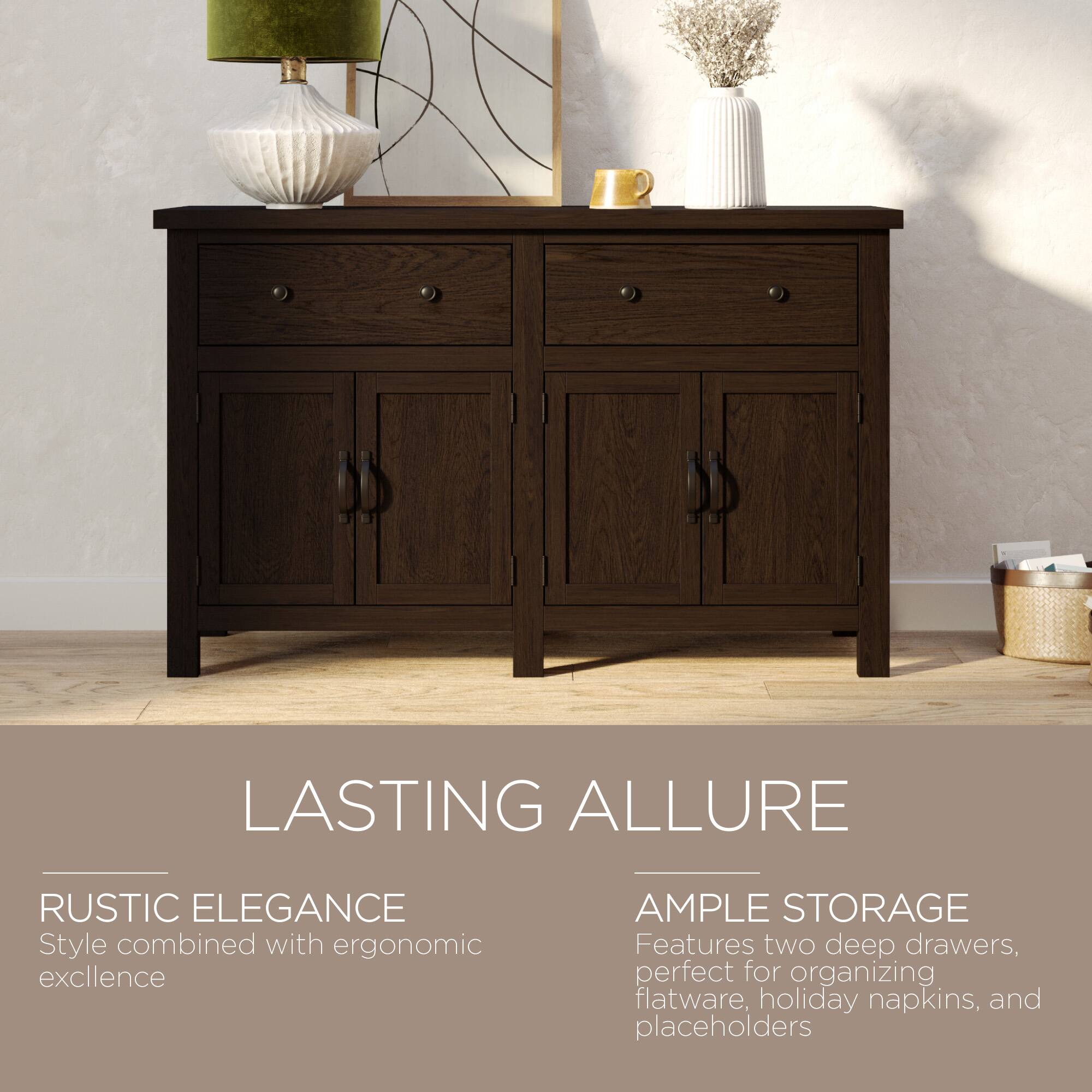 LASTING ALLURE

RUSTIC ELEGANCE  
Style combined with ergonomic excellence

AMPLE STORAGE  
Features two deep drawers, perfect for organizing flatware, holiday napkins, and placeholders