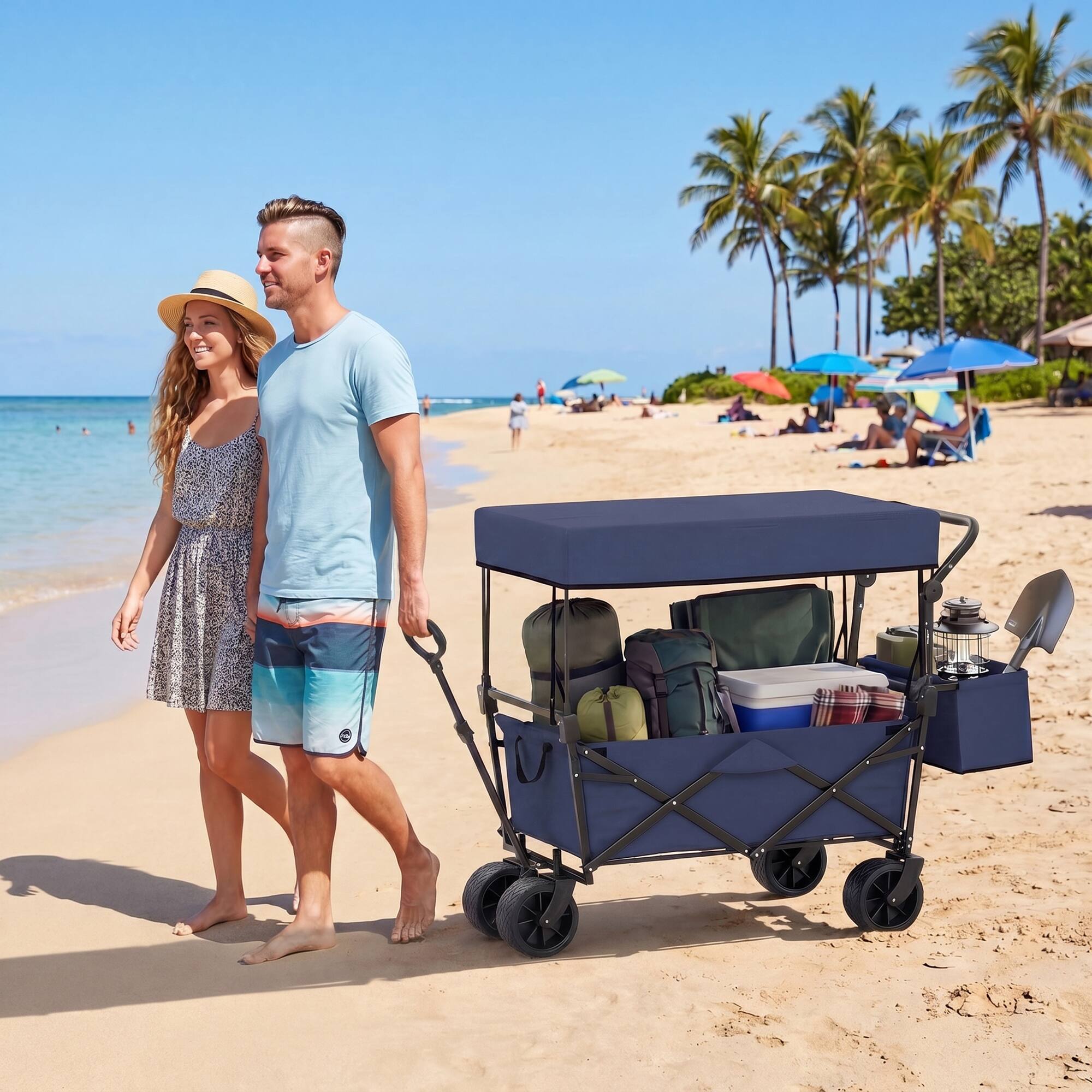 Alt View 1. Costway - Costway Folding Utility Wagon with Detachable Canopy, Collapsible Garden Cart with Adjustable Push & Pull Handles - Blue+Black.