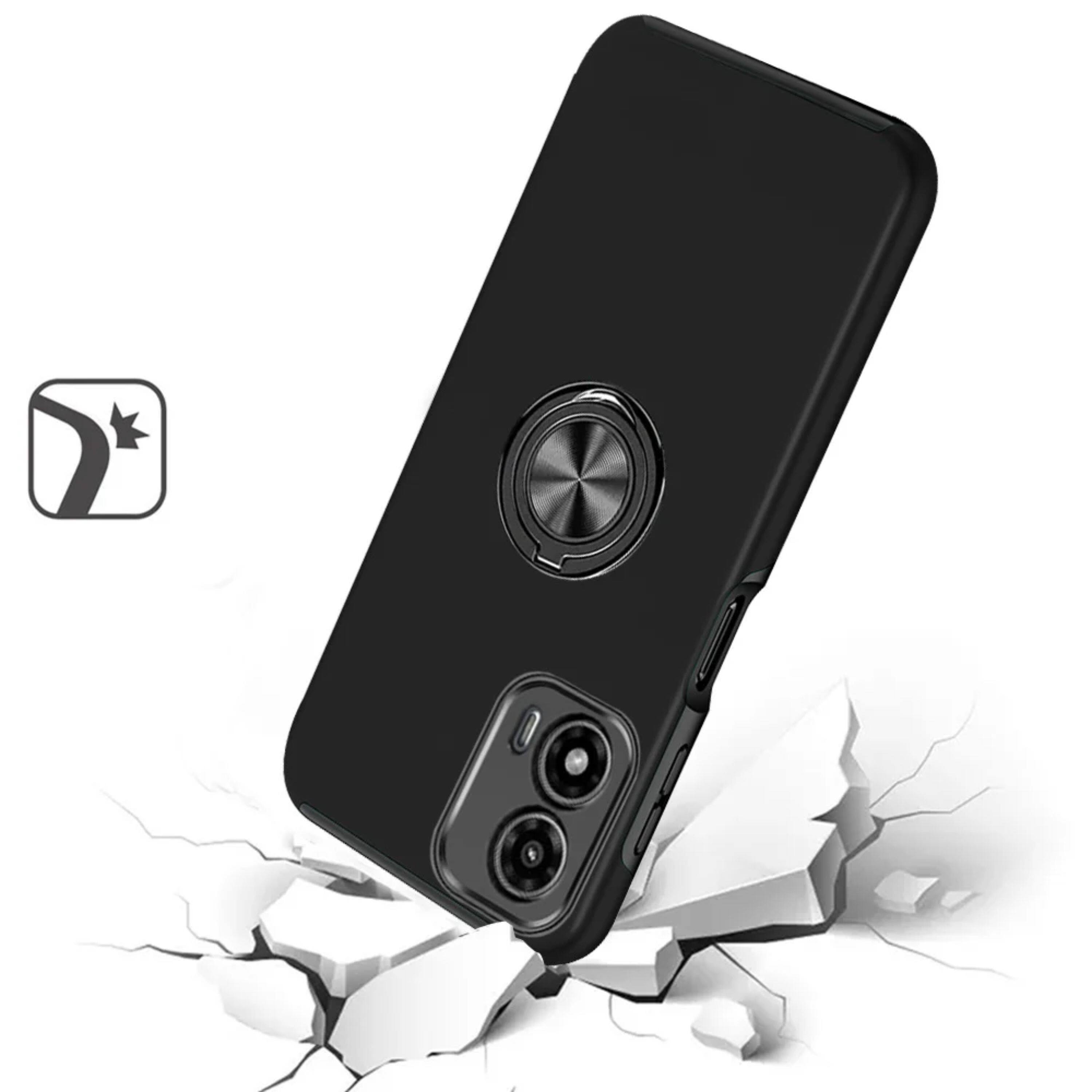 Angle. Kitcheniva - Shockproof Rubber Dual Layer Magnetic Ring Case With Tempered Glass For Moto G Stylus 2024 Black - Black.