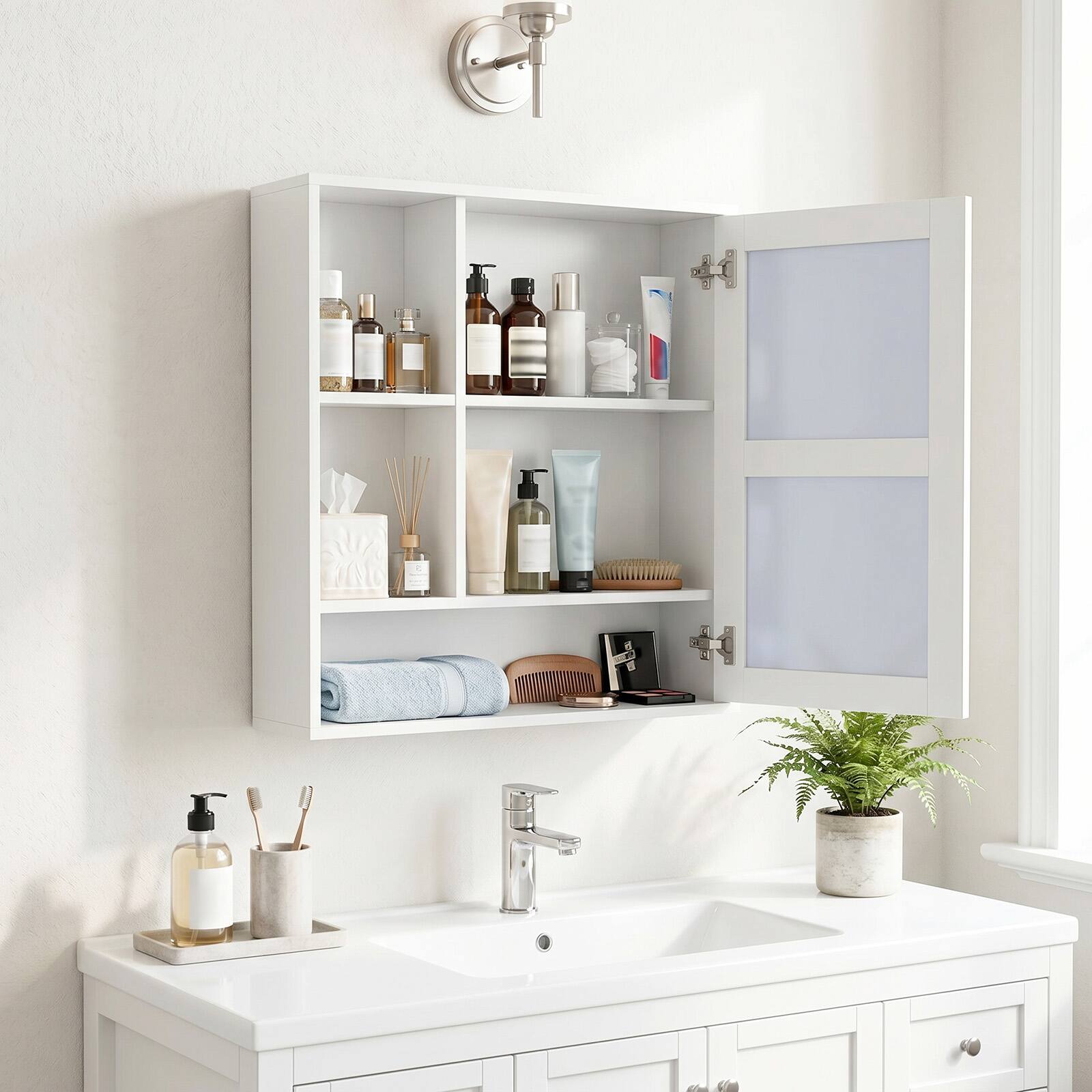 Alt View 4. Costway - Costway Bathroom Mirror Cabinet with 2 Hidden Storage Shelves, 3 Open Storage Compartments - White.