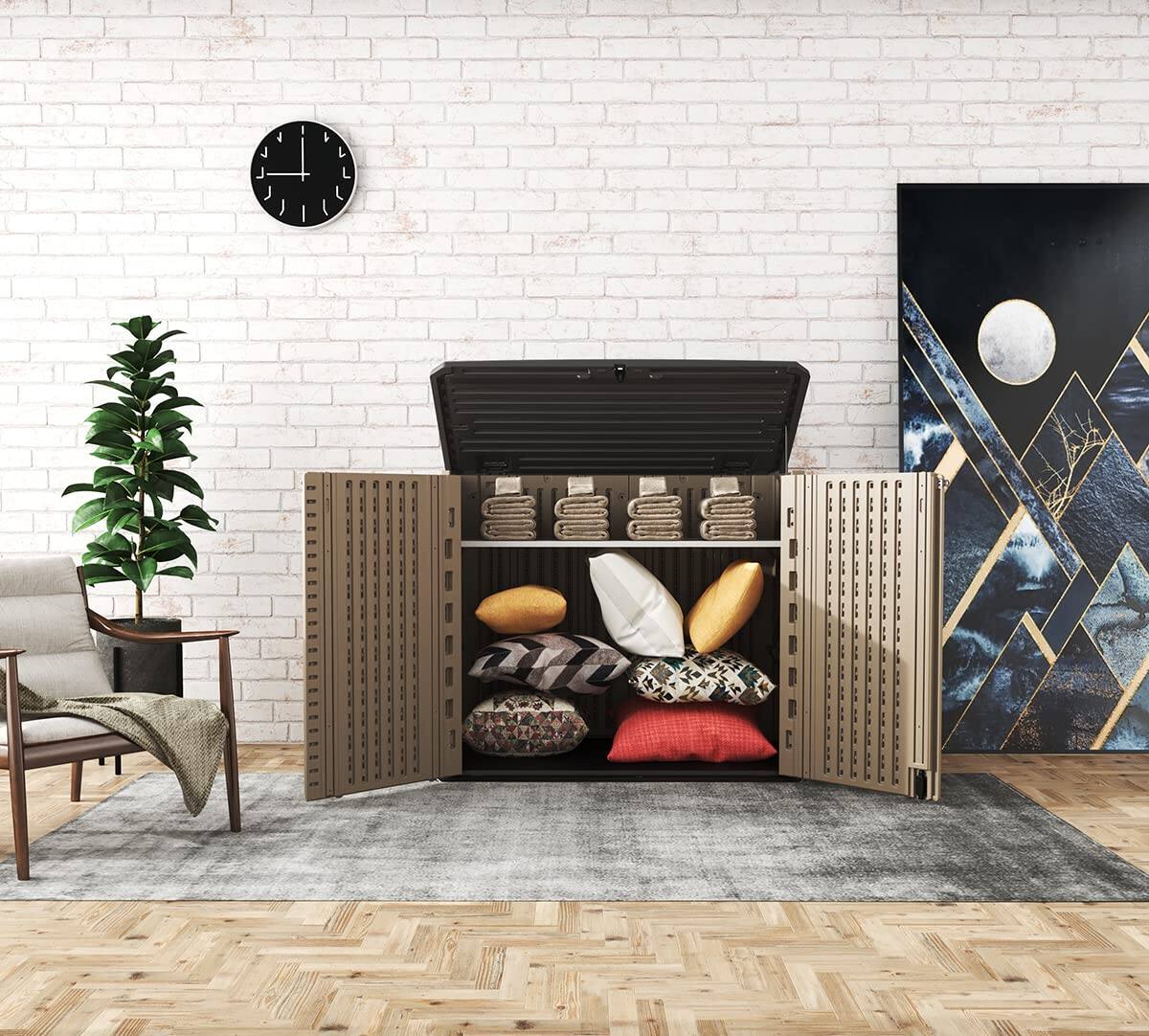 Left. Decksplore - Outdoor Storage Shed Horizontal Storage Box Waterproof 35 Cu Ft All-Weather Cabinet for Bins Tools​ Shed - Brown.