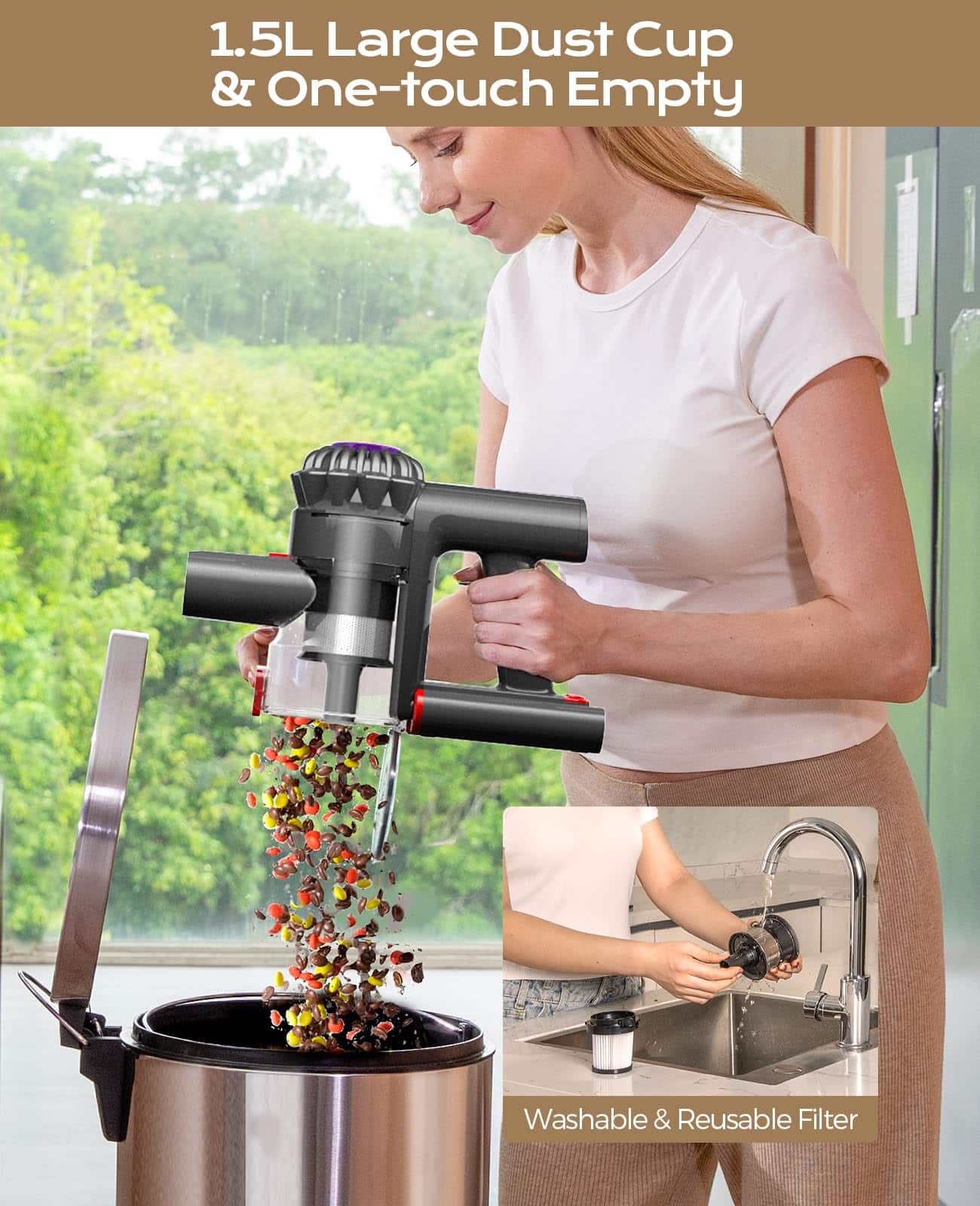 1.5L Large Dust Cup & One-touch Empty
Washable & Reusable Filter