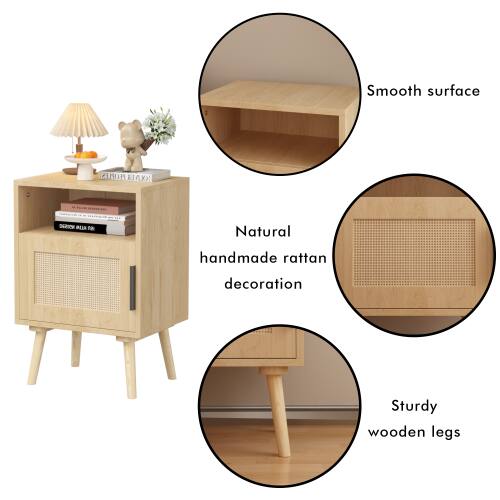 Smooth surface  
Natural handmade rattan decoration  
Sturdy wooden legs