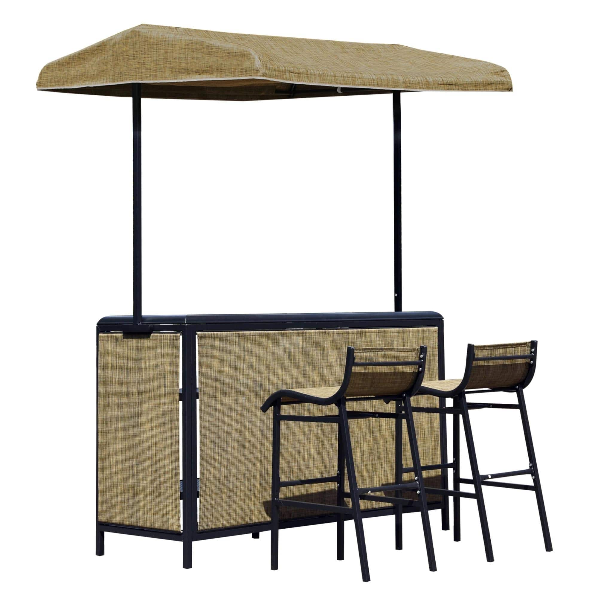 Resenkos - 3 Pieces Outdoor Bar Set, Tempered Glass, Two Mesh Cloth Chairs, A Mesh Cloth Canopy - Beige and Black