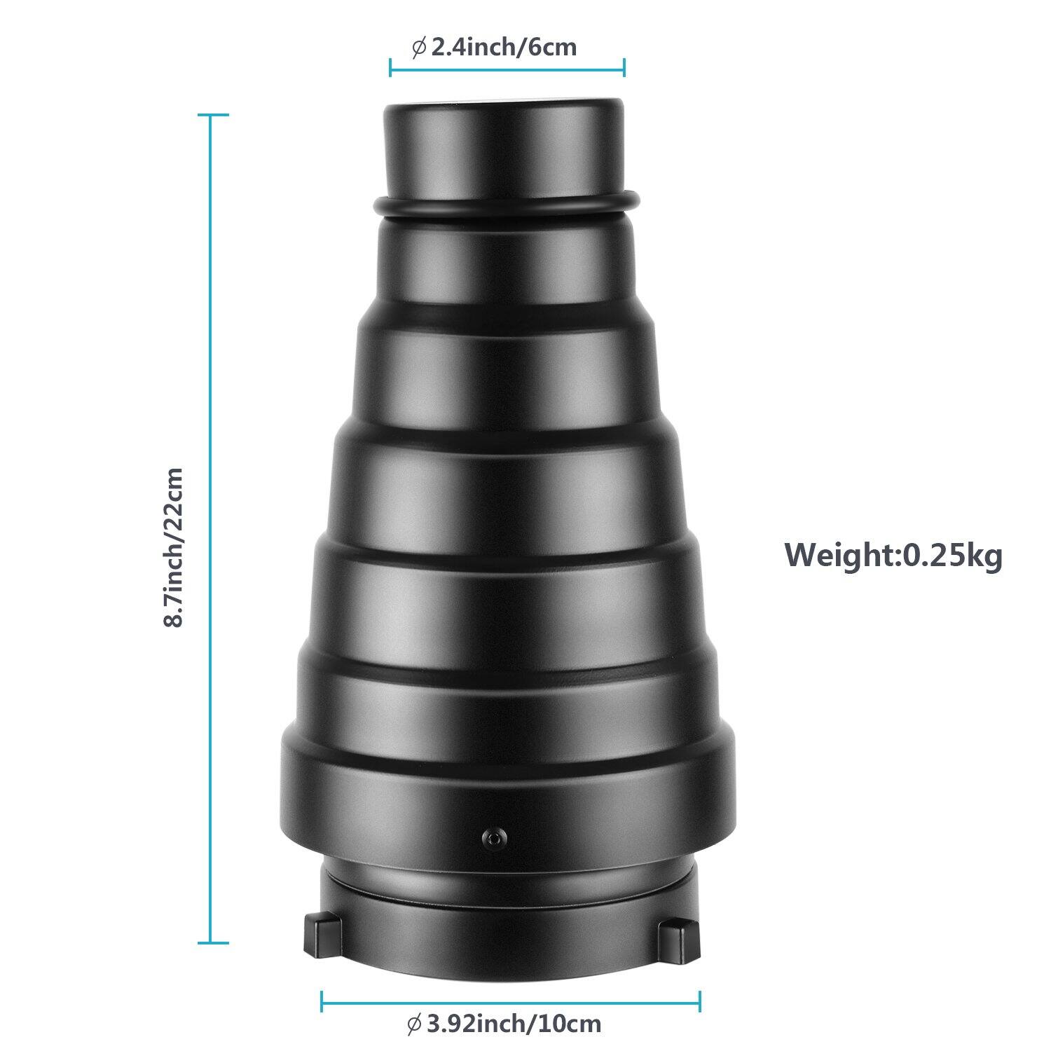 2.4 inch / 6 cm  
8.7 inch / 22 cm  
Weight: 0.25 kg  
3.92 inch / 10 cm