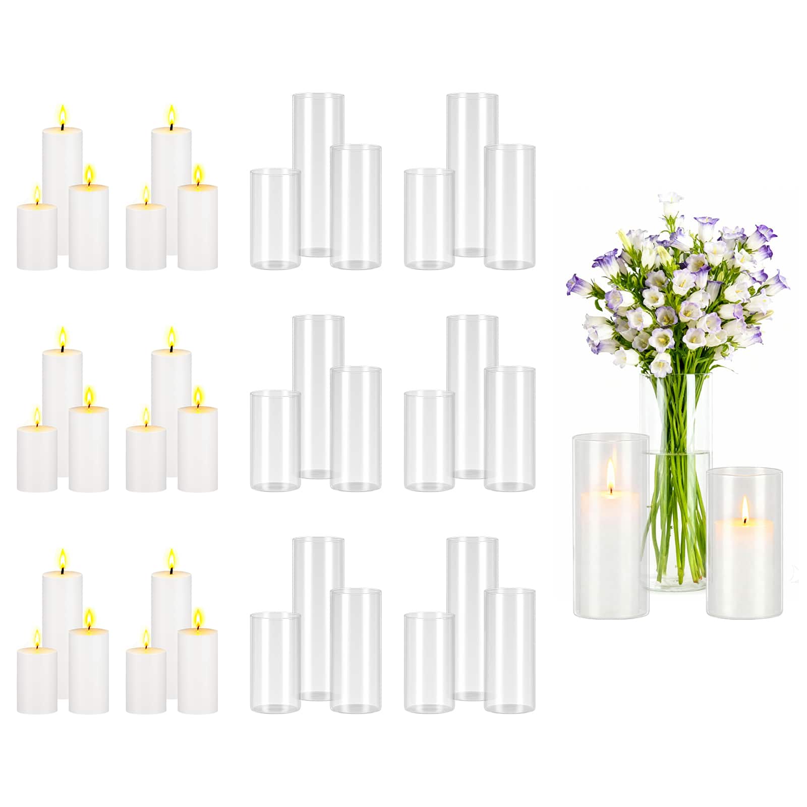 VEVOR - Pillar Candles and Glass Vases Set 36 Pcs, Clear Cylinder Hurricane Candle Holders for Wedding Centerpieces, Tall Vase - Transparent White