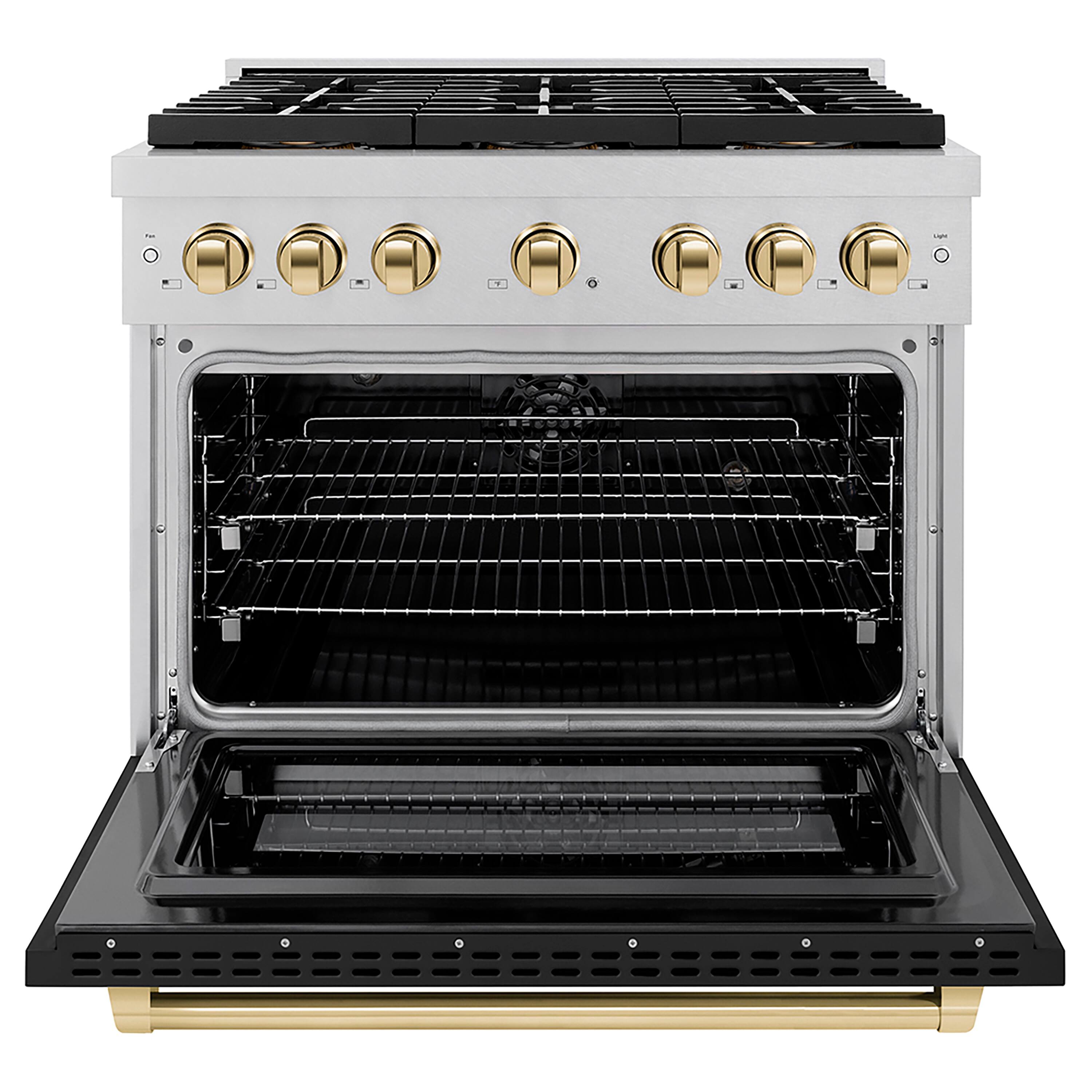 Angle. ZLINE - ZLINE Autograph 36 in. 5.2 cu. ft. Freestanding Paramount Dual Fuel DuoPro Range in Satin Steel w/ Black & Gold Accents - Black Matte.