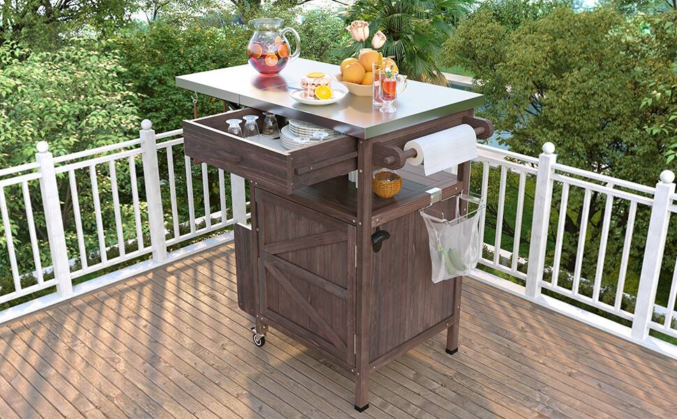 Alt View 1. Mirfee - 40.5" Outdoor Grill Cart with Stainless Top, Drop Leaf, Drawer, Towel Rack, Lockable Wheels - Brown.