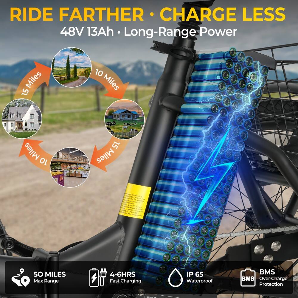 RIDE FARTHER • CHARGE LESS  
48V 13Ah • Long-Range Power  

15 Miles  
10 Miles  
10 Miles  
50 MILES  

Max Range  
4-6HRS Fast Charging  
IP 65 Waterproof  
BMS Over Charge Protection