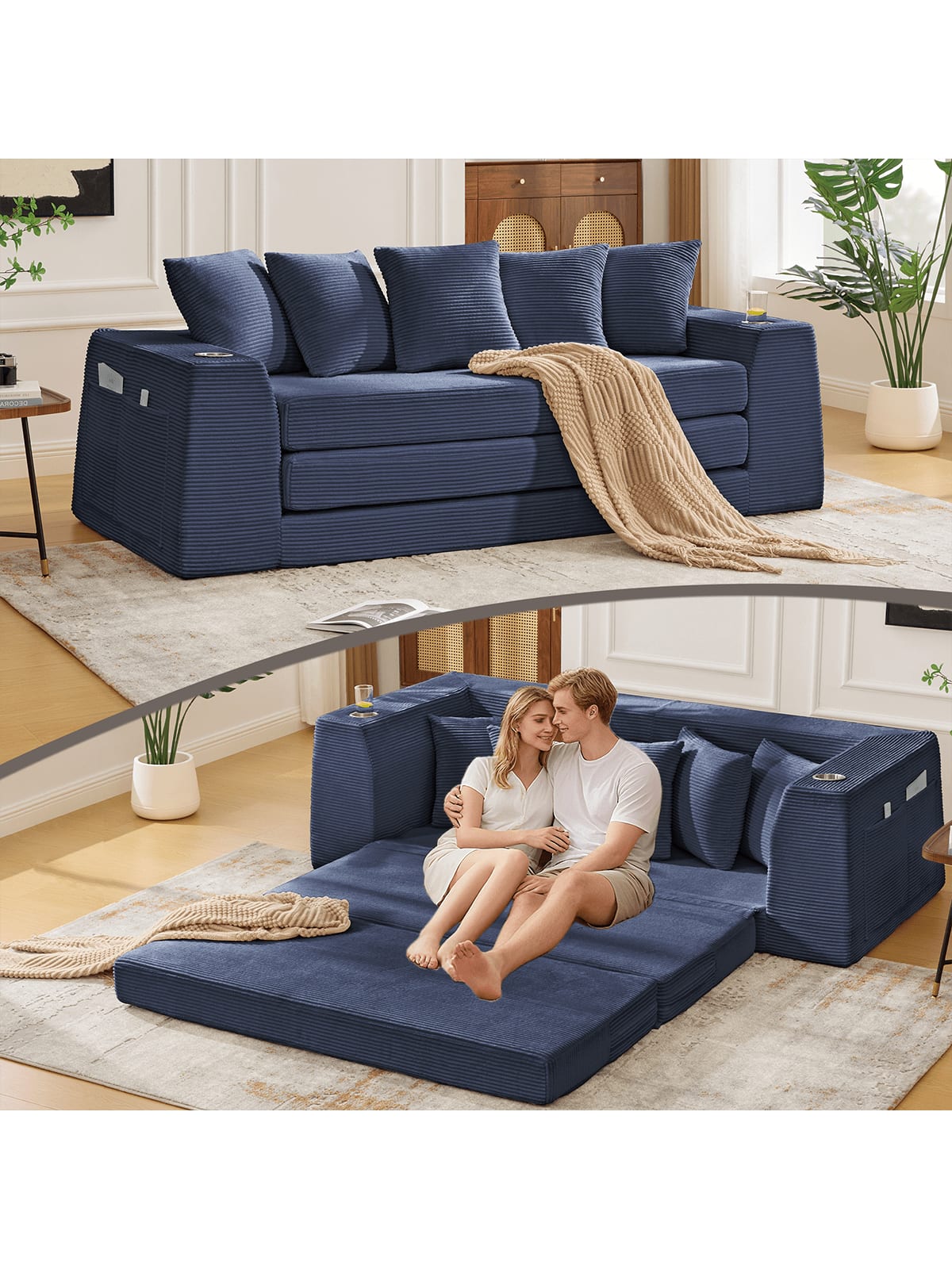 Trinkets Crazed - 82.25" Convertible Sofa Bed, Loveseat Sleeper Sofa, 2 In 1 Sofa, Corduroy Pull Out Sofa Bed, 5 Pillows, Side Pocket - Blue