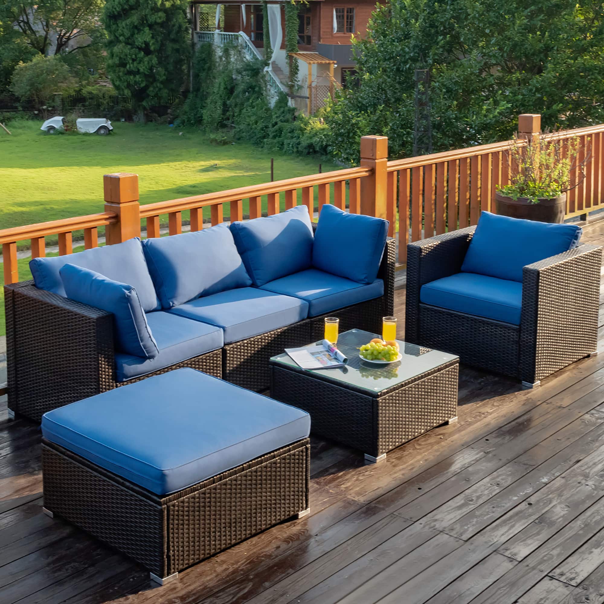 Alt View 4. Costway - 6PCS Patio Rattan Furniture Set Sofa Coffee Table Ottoman - Navy.