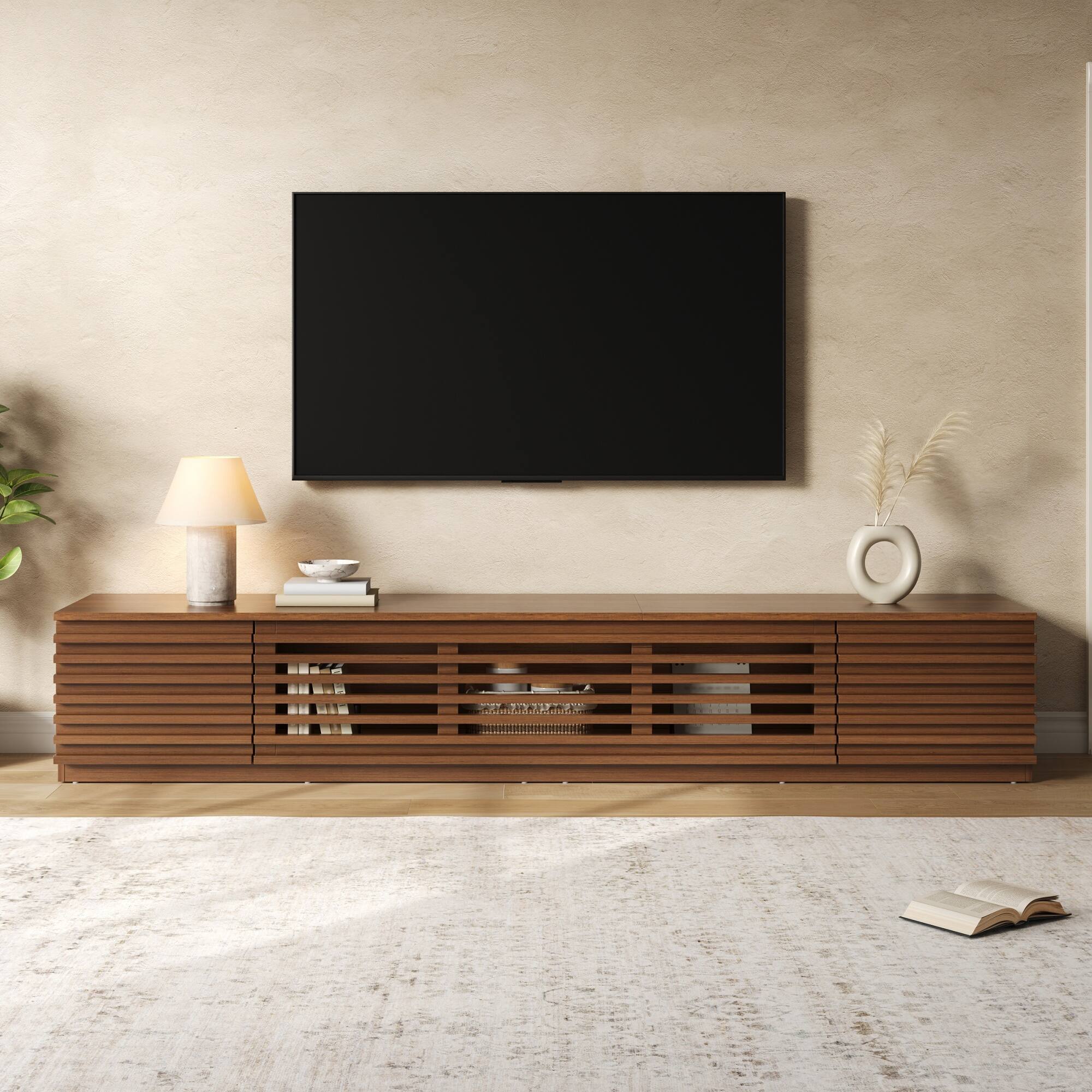 MERAVOM - Modern TV Stand for TVs up to 90", Entertainment Center with Storage Cabinets, Flip-Down Doors for Living Room - Walnut