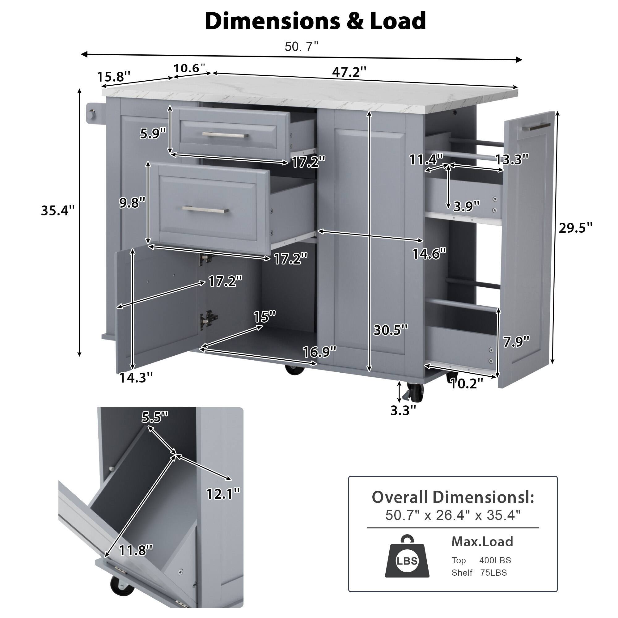 Dimensions & Load

Overall Dimensions: 50.7" x 26.4" x 35.4"

Max Load:
- Top: 400LBS
- Shelf: 75LBS

Detailed Dimensions:
- Width: 50.7"
- Depth: 47.2"
- Height: 35.4"
- Drawer 1: 15.8" x 10.6" x 5.9"
- Drawer 2: 17.2" x 9.8" x 5.9"
- Shelf 1: 17.2" x 14.6" x 3.9"
- Shelf 2: 17.2" x 14.6" x 3.9"
- Shelf 3: 17.2" x 14.6" x 3.9"
- Bottom Shelf: 30.5" x 10.2" x 3.3"
- Side Cabinet: 29.5" x 14.3" x 11.4"
- Side Cabinet Door: 11.8"