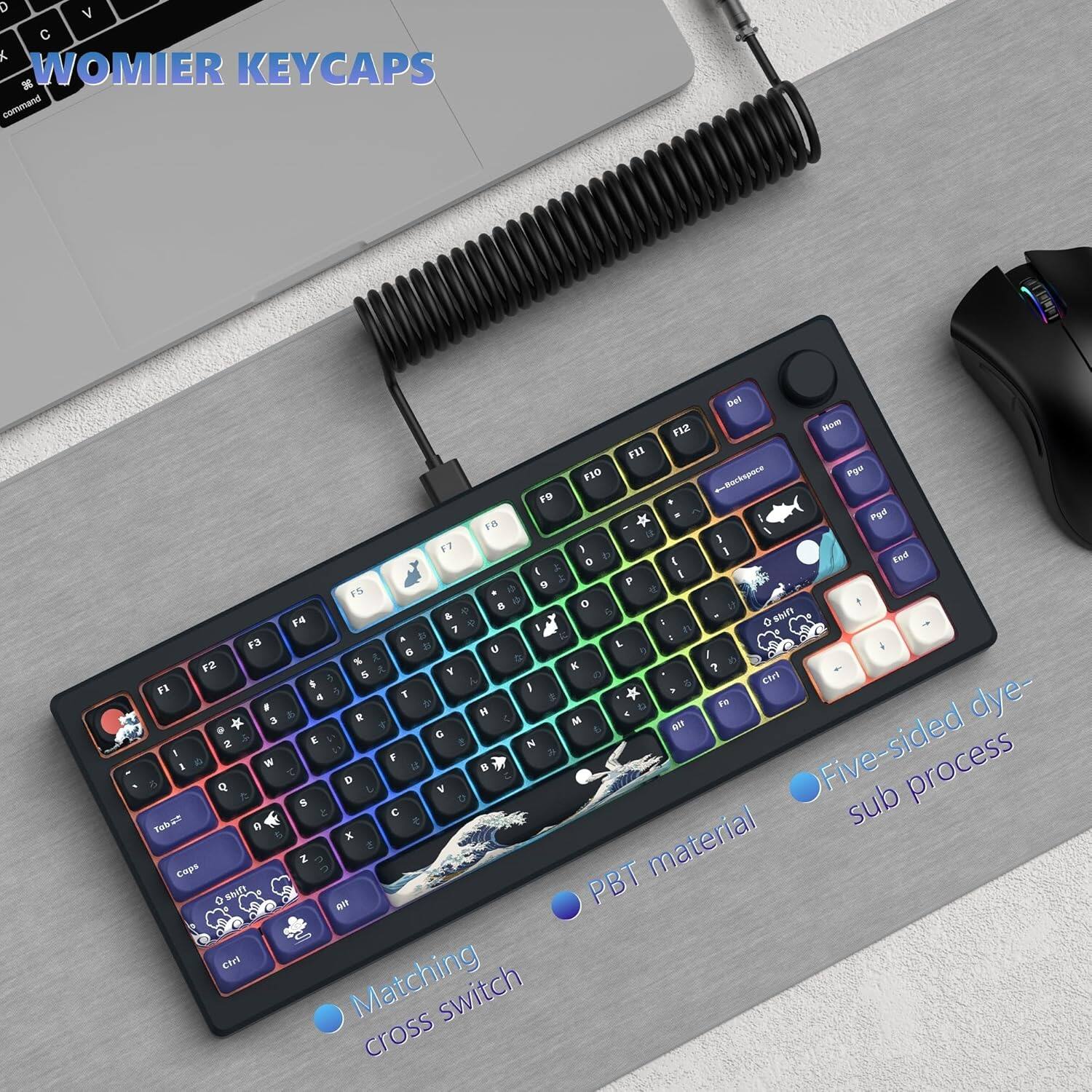 WOMIER KEYCAPS

- Five-sided dye-sub process
- PBT material
- Matching cross switch