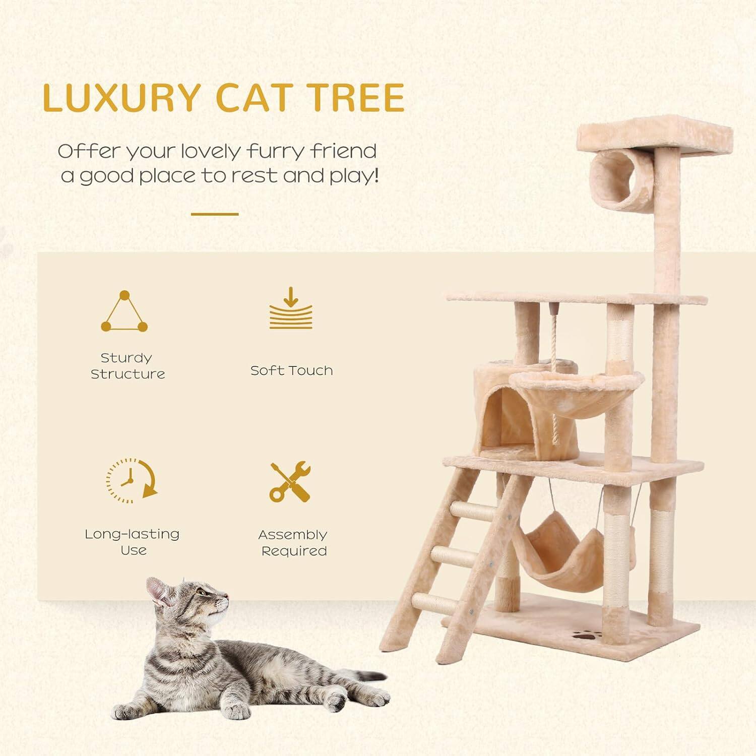 LUXURY CAT TREE

Offer your lovely furry friend a good place to rest and play!

- Sturdy Structure
- Soft Touch
- Long-lasting Use
- Assembly Required