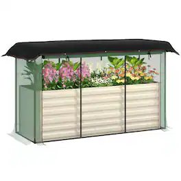 Outsunny - Steel Planter Box with Crop Cage and Shade Cloth, Raised Garden Bed for Flowers - Beige