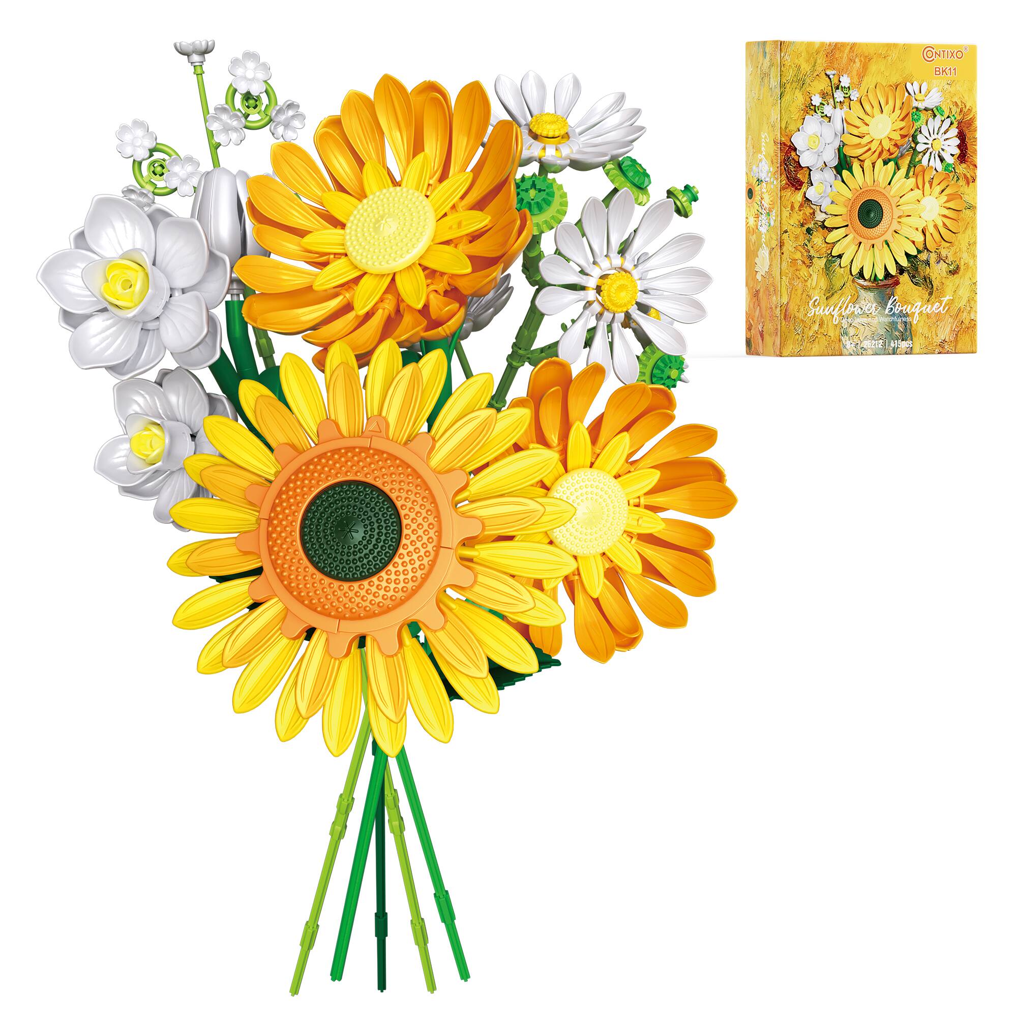 BK11 Sunflower Bouquet Building Set, 415-Piece Floral Brick Kit with Adjustable Stems for Kids & Adults Ages 8+