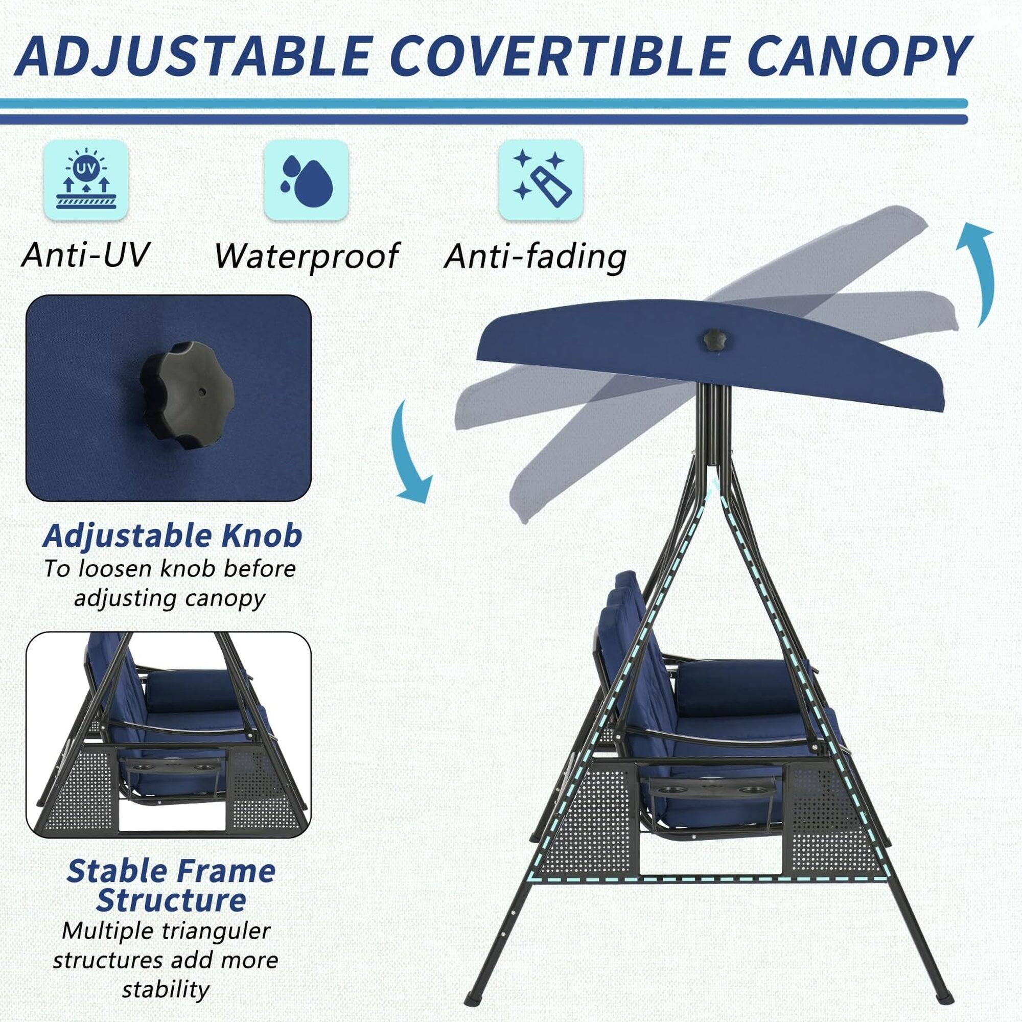 ADJUSTABLE COVERTIBLE CANOPY

- Anti-UV
- Waterproof
- Anti-fading

Adjustable Knob
To loosen knob before adjusting canopy

Stable Frame Structure
Multiple triangular structures add more stability