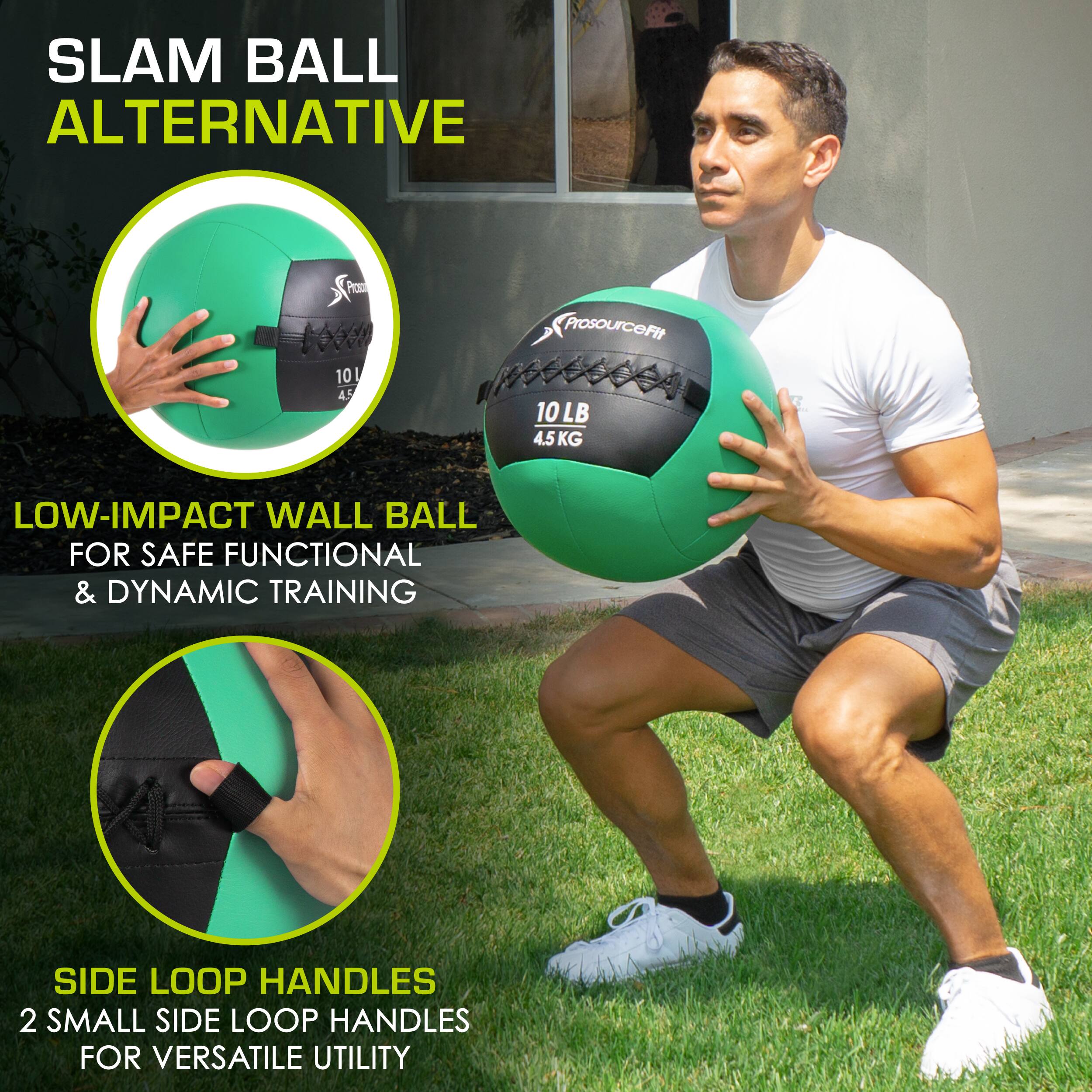 SLAM BALL ALTERNATIVE, Prc 0 10 45, ProsourceFit 10 LB 4.5 KG, LOW-IMPACT WALL BALL FOR SAFE FUNCTIONAL & DYNAMIC TRAINING, SIDE LOOP HANDLES, 2 SMALL SIDE LOOP HANDLES FOR VERSATILE UTILITY