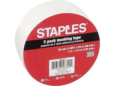 STAPLES  
2 pack masking tape  
paquete de 2 cinta adhesiva protectora  
48 mm (1.89") x 55 m (60 yds.) x 2 = 110 m (120 yds.)  
100%  
18103-46840