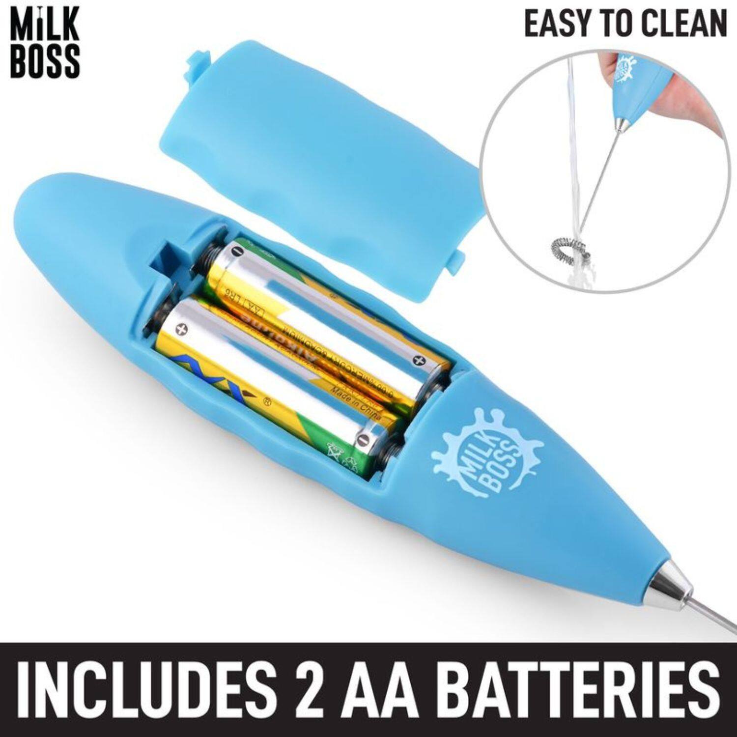 MILK BOSS

EASY TO CLEAN

INCLUDES 2 AA BATTERIES
