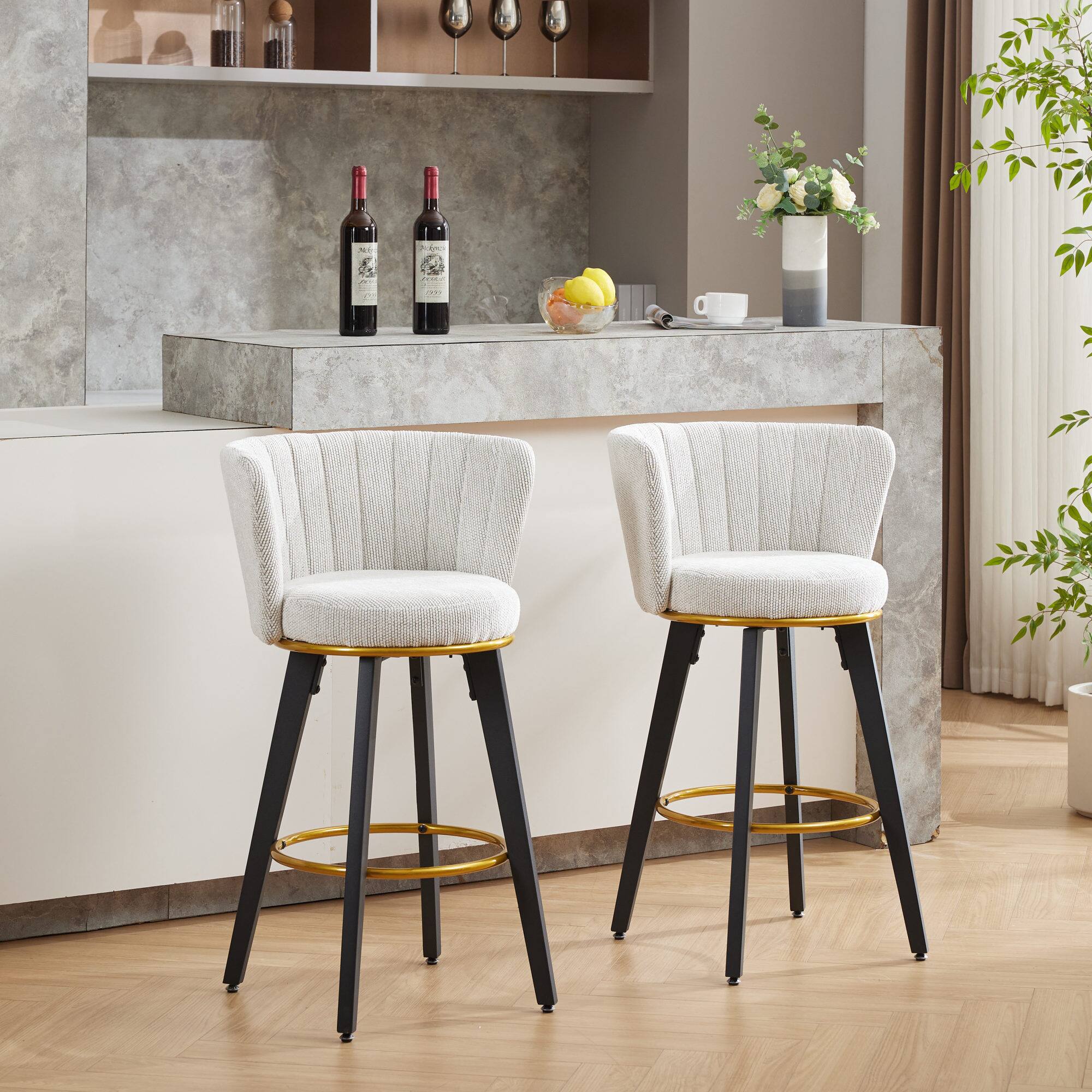 Left. GOODSILO - Modern Swivel Counter Height Bar Stools Set of 2 with Upholstered Backs and Metal Legs - Beige.