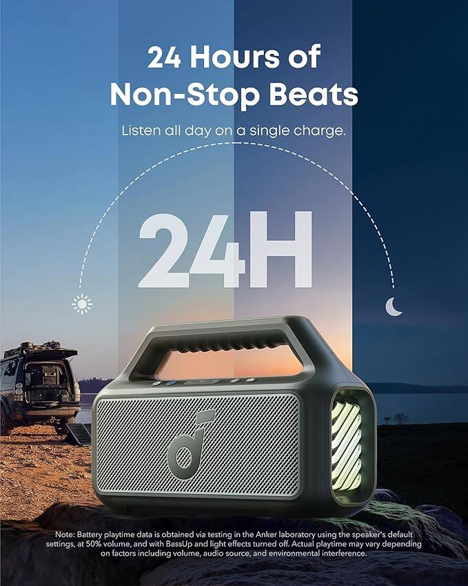 24 Hours of Non-Stop Beats Listen all day on a single charge. 24H

Note: Battery playtime data is obtained via testing in the Anker laboratory using the speaker's default settings, at 50% volume, and with BassUp and light effects turned off. Actual playtime may vary depending on factors including volume, audio source, and environmental interference.