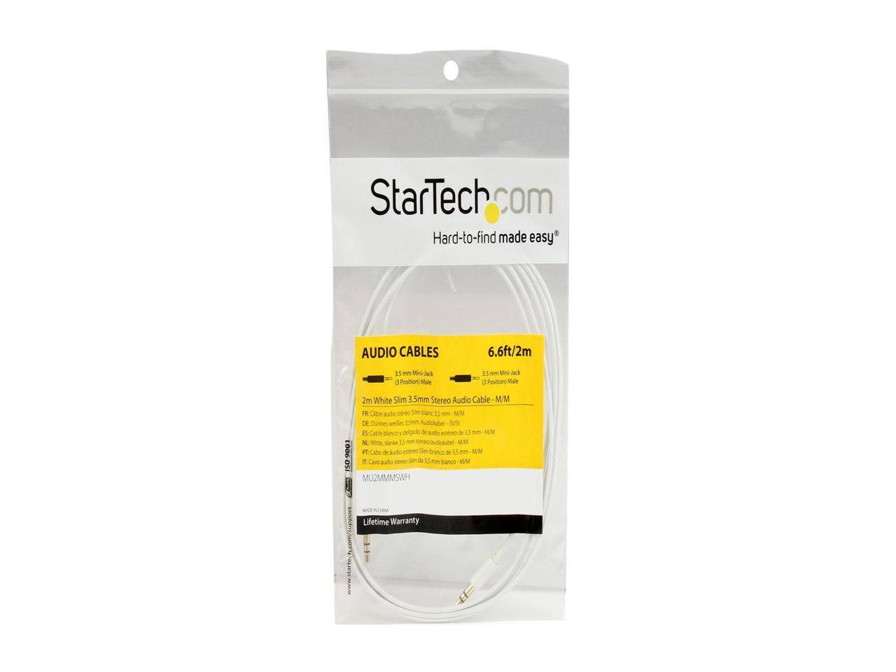 StarTech.com Hard-to-find made easy AUDIO CABLES 6.6ft/2m 15 mm Mini Jack 3 Position Male 1S Mni Jack a Poston Male 2m White Slim 3.5mm Stereo Audio Cable M/M FR Cable audio Sim blanc 15 cm MN DE Dinnes seilin 15mm Audolubel 9 E Cable blanca delgado de audio estéreo de 15 WM N. Wee sanie 1 wm MM 9001 PT Cabe de audio Sim branco de 13 em M T Cve audio erc sim d 1 me banco MN ISO MU2MMMSWH WACS RMA Lifetime Warranty