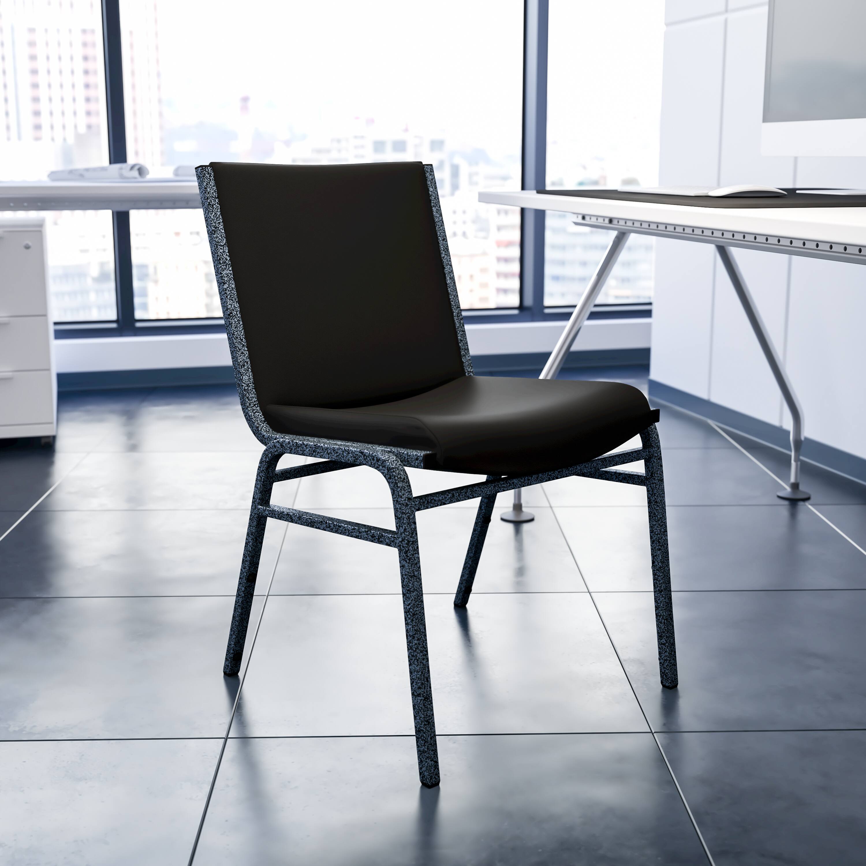 Alt View 1. Emma + Oliver - Heavy Duty Reception/Guest Stack Chair - Black Vinyl.