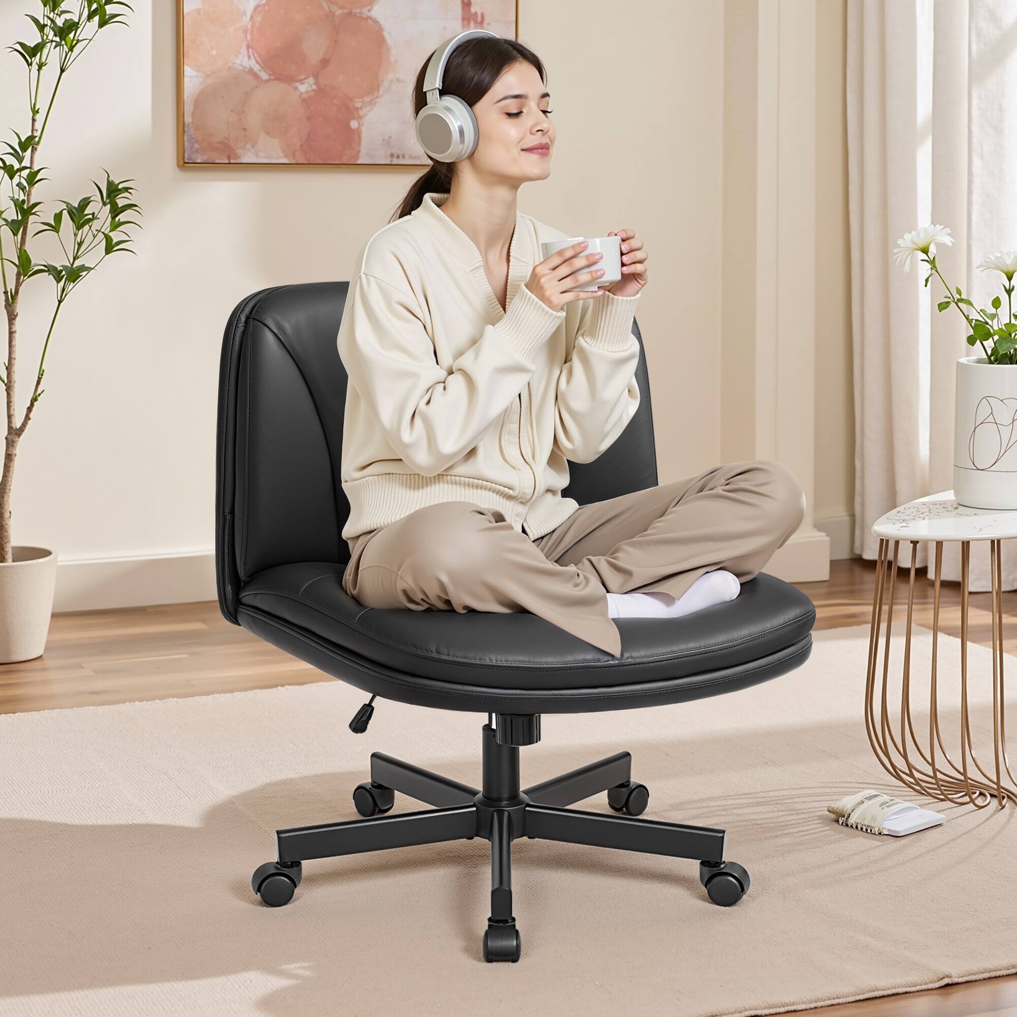 Alt View 1. Brick Attic - Criss Cross Office Chair with Wheels, Armless Wide Dressing Table Chair with Backrest Comfortable PU Leather - Black.