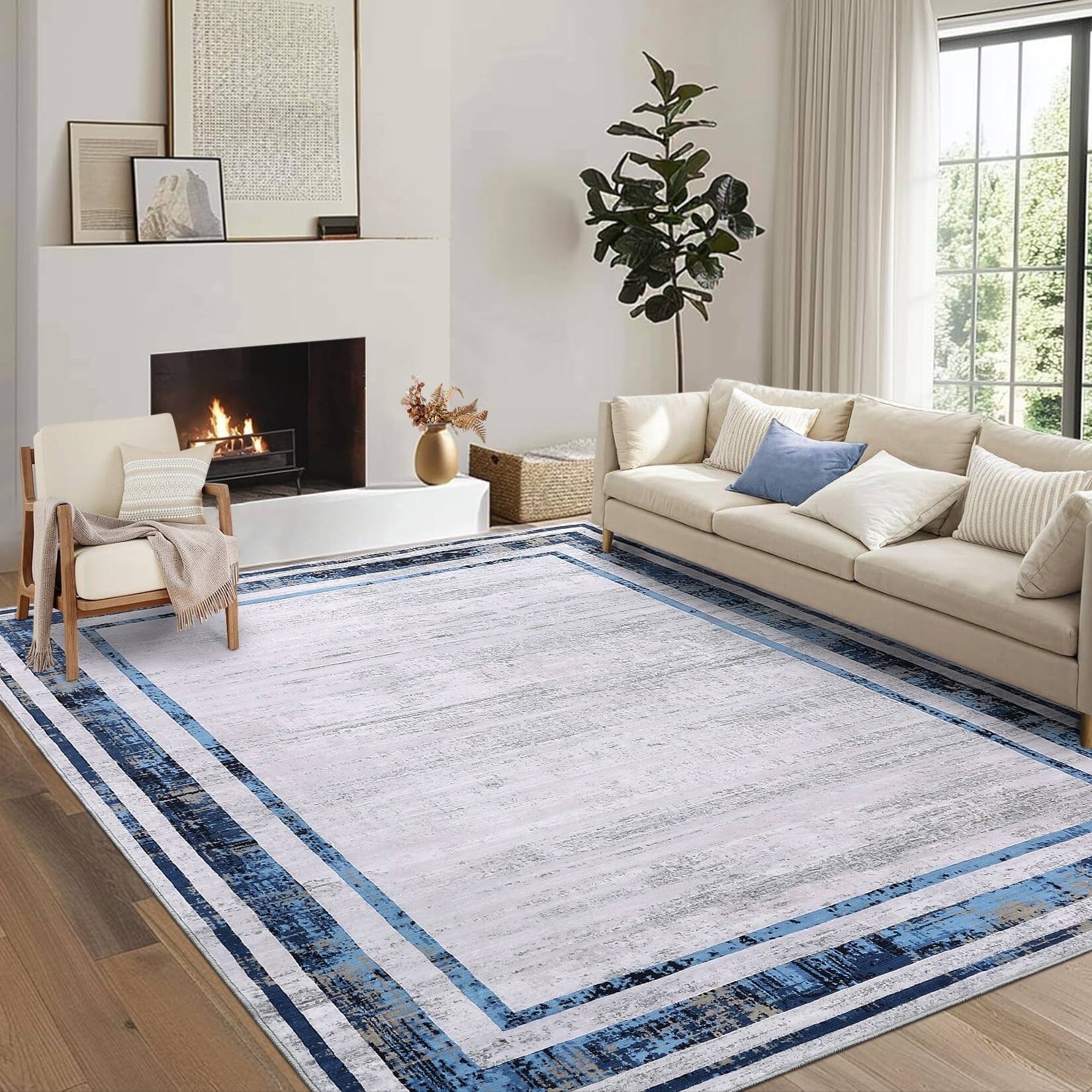 Alt View 2. Homhougo - 9x12 Modern Bordered Area Rug, Machine Washable Non-Slip Carpet for Living Room in Navy - Navy Blue.