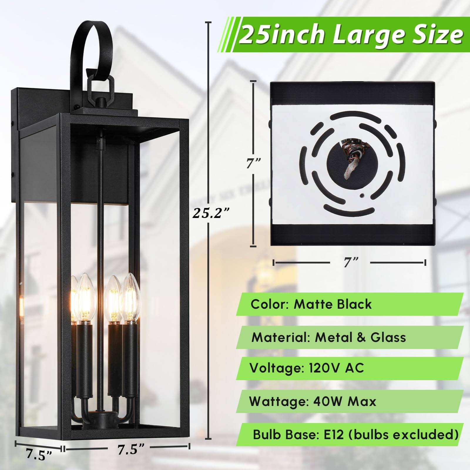 25inch Large Size

Color: Matte Black  
Material: Metal & Glass  
Voltage: 120V AC  
Wattage: 40W Max  
Bulb Base: E12 (bulbs excluded)  

Dimensions:  
- Height: 25.2"  
- Width: 7"  
- Depth: 7"  
- Bulb Base: 7.5"