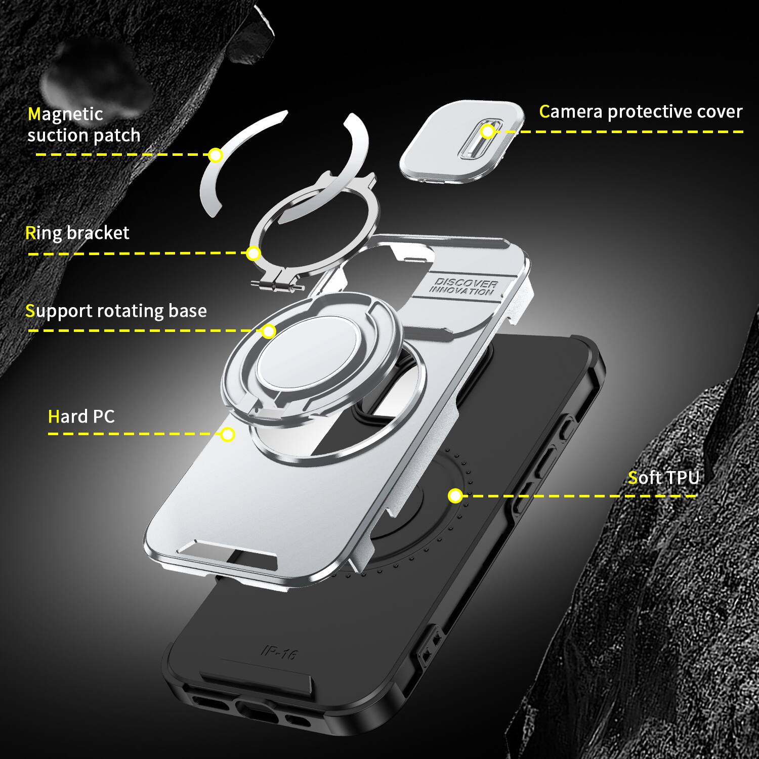 Magnetic suction patch  
Camera protective cover  
Ring bracket  
Support rotating base  
DISCOVER INNOVATION  
Hard PC  
Soft TPU  
IP-16