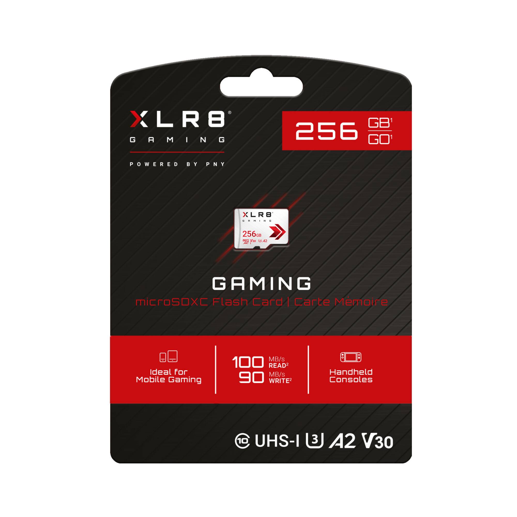 XLR8 Gaming 256GB GO  
Powered by PNY XLR8  

256GB microSDXC Flash Card | Carte Mémoire  

Ideal for Mobile Gaming  
100 MB/s Read  
90 MB/s Write  
Handheld Consoles  

UHS-I  
A2 V30