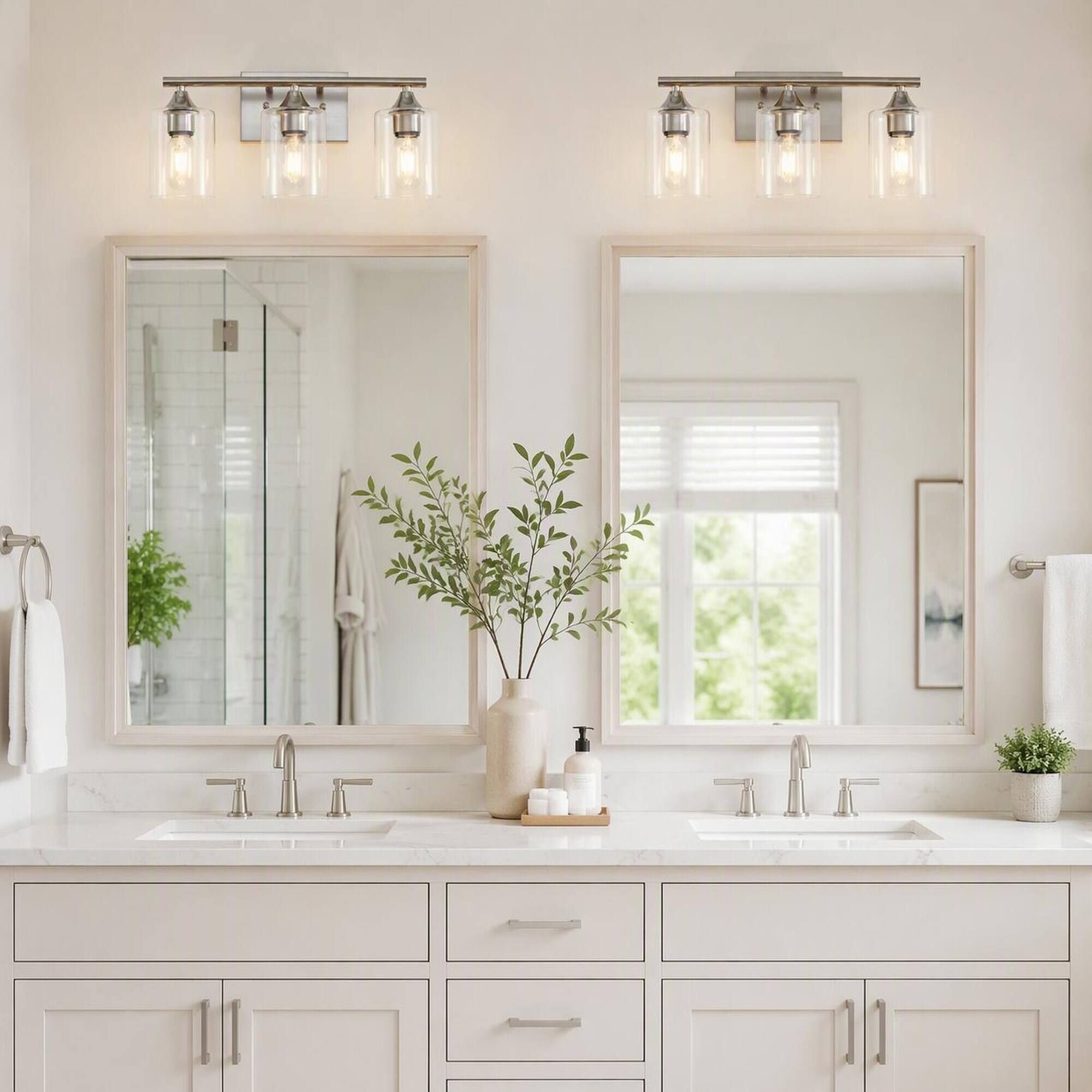 Back. RYHNUYNE - 3-Light Brushed Nickel Vanity Light with Clear Glass Shades, Moisture-Resistant Iron Frame, Reversible Wall Sconce.