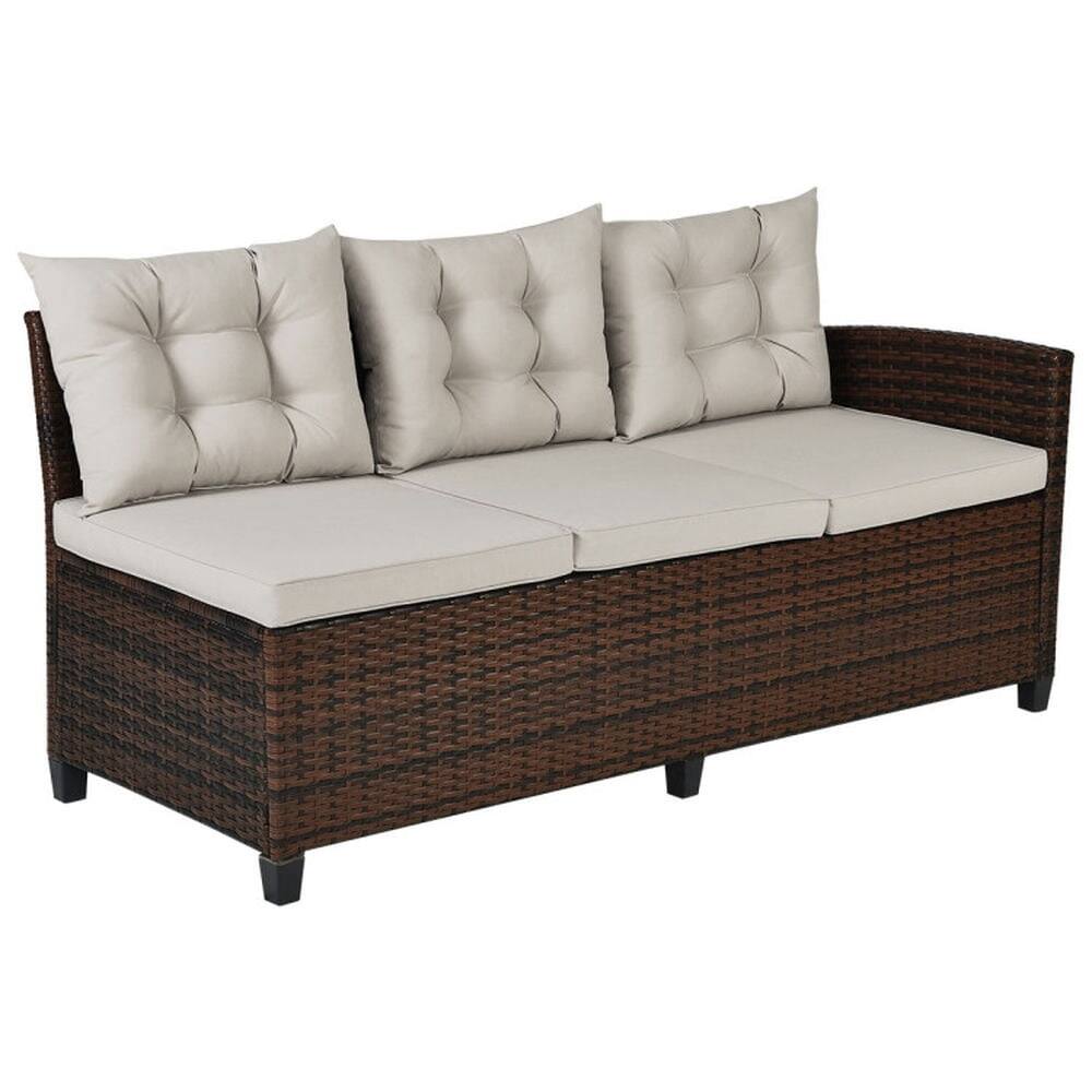 Left. Pefilos - 3 Pieces Hand-Woven Rattan Outdoor Sofa Set with Dining Table, Outdoor Sofa Set with Steel Frame and Hand-Woven Ratt - Brown.