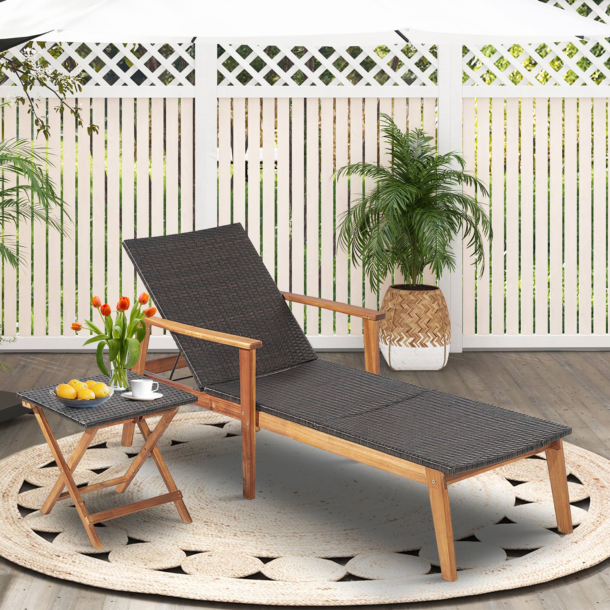 Alt View 3. Costway - Costway 2PCS Patio Rattan Chaise Lounge Chair Recliner Back Adjustable Acacia Wood - Mix Brown.