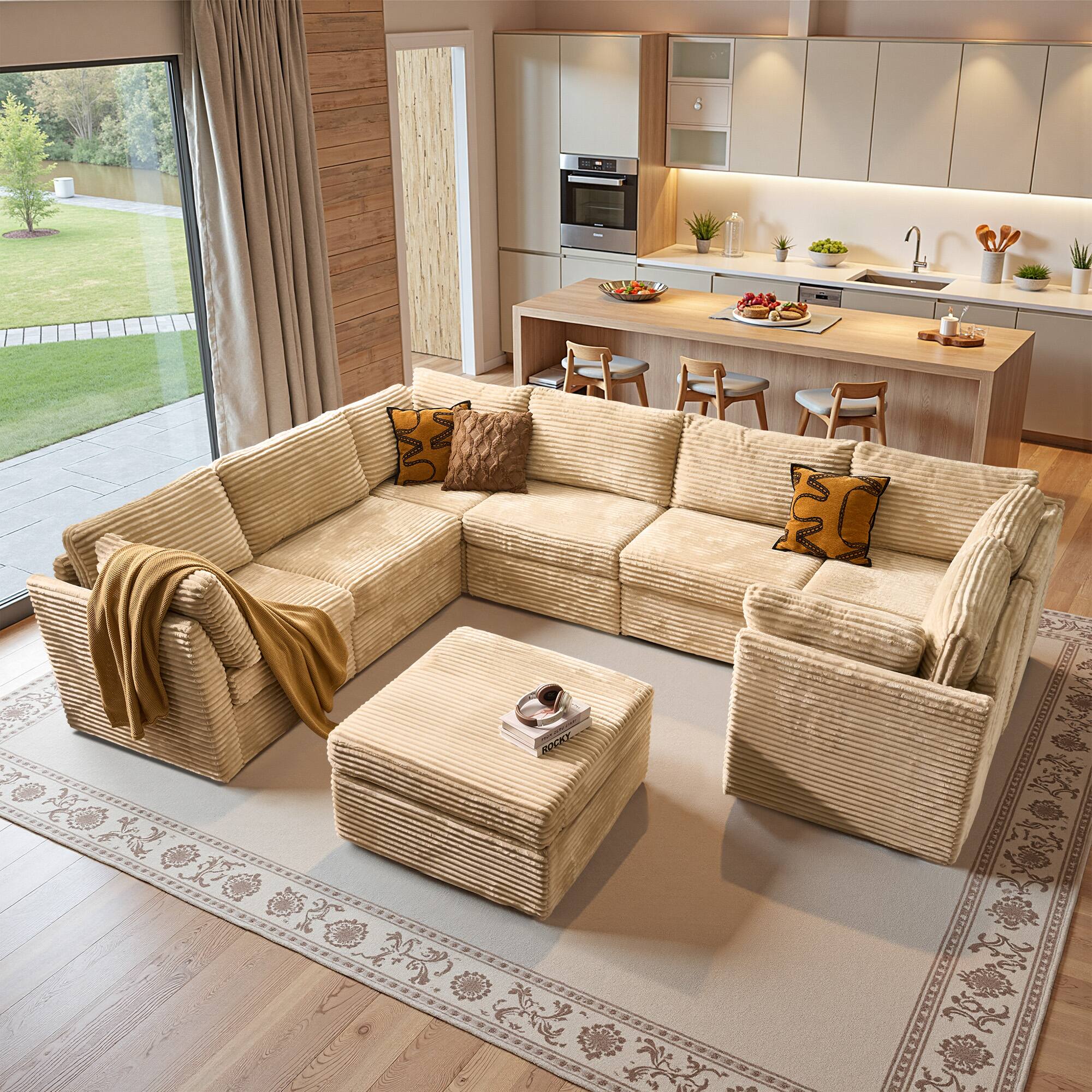 Ovios - 130.7" Modular Sectional Sofa, 7 Seat Comfy U Shaped Couch with Ottoman for Living Room - Beige