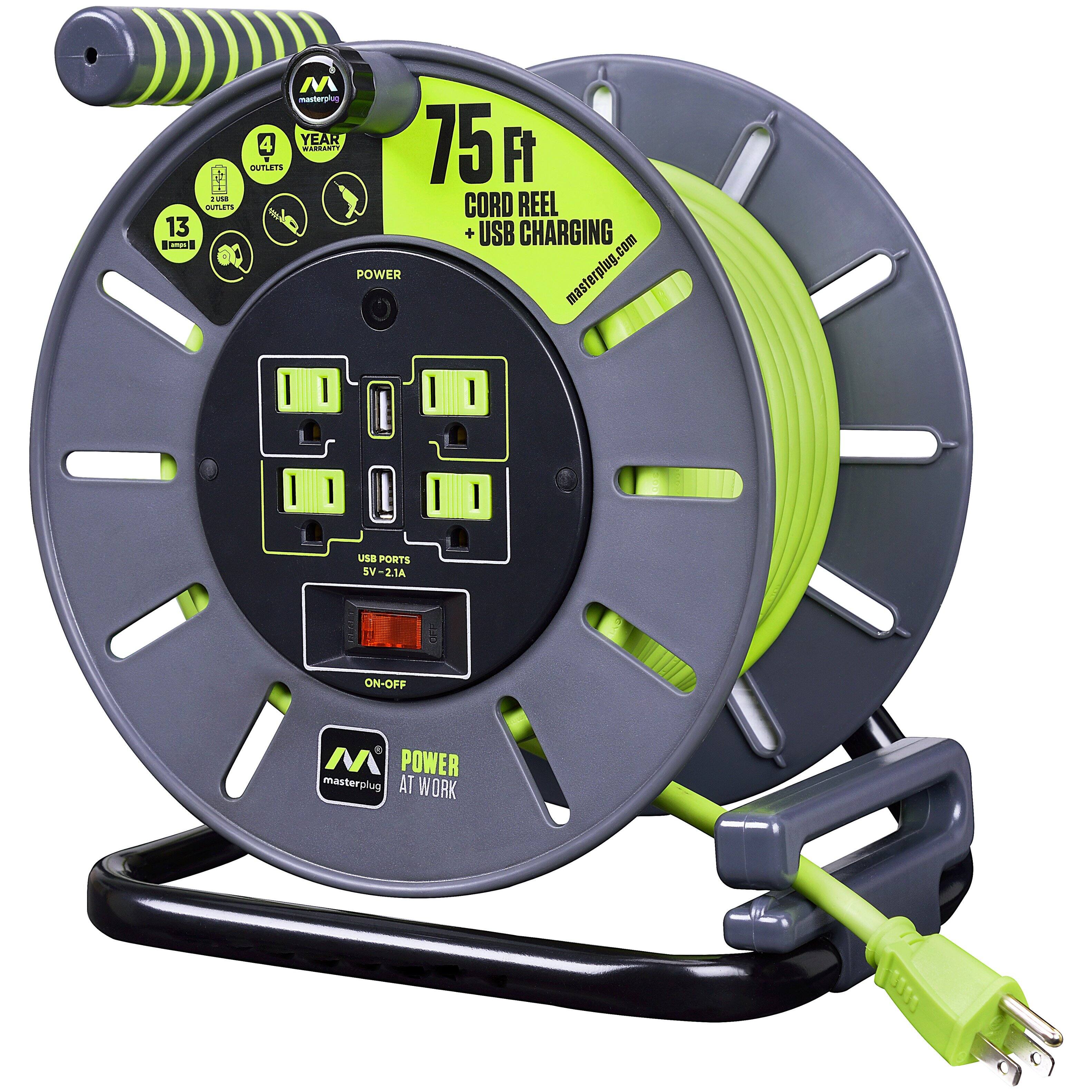Alt View 11. Masterplug - 75Ft 4 Sockets 13A 14AWG Large Open Reel with USB Charging - Green & Grey.