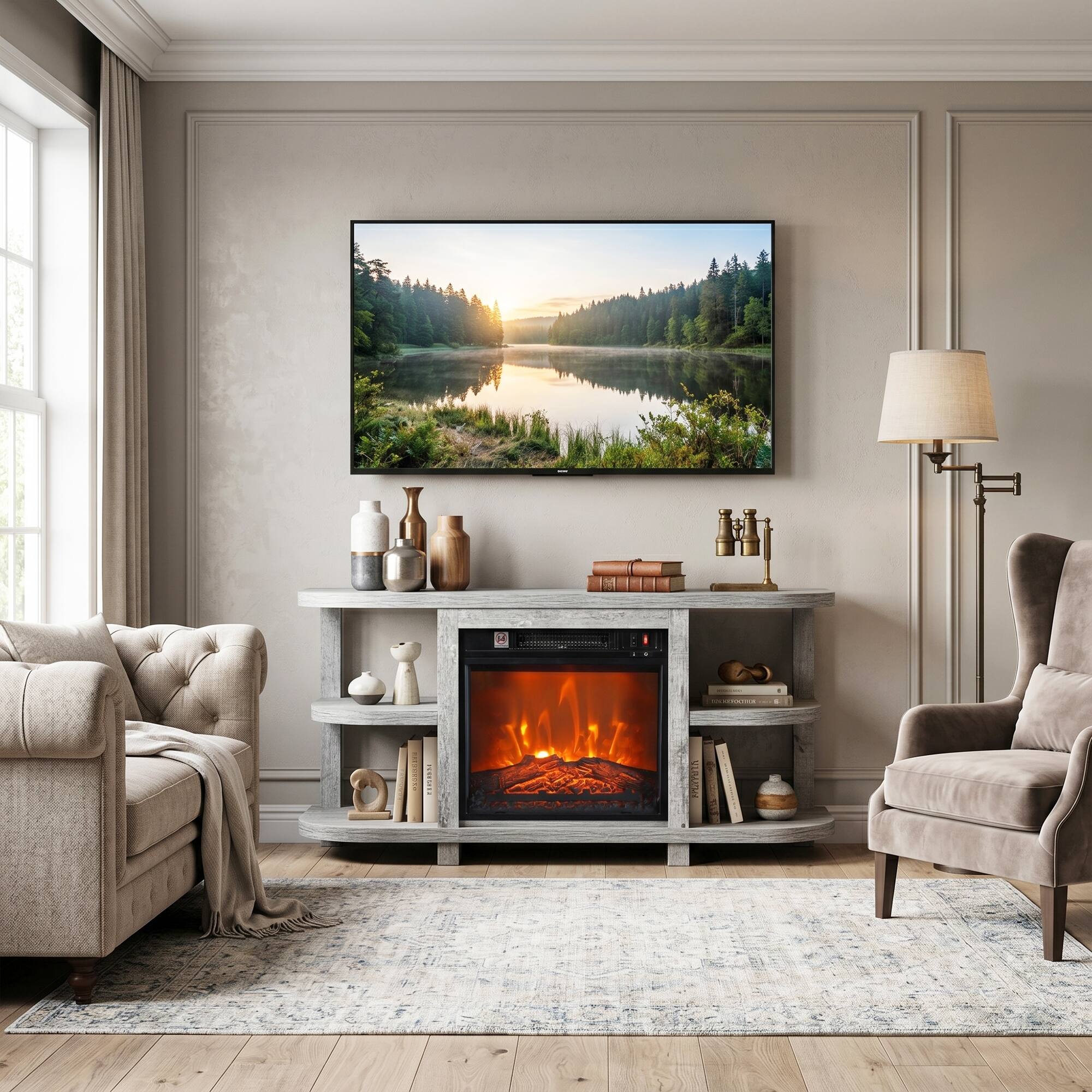 Left. Ihomeadore - 48" TV Stand with 18" Insert Electric Fireplace and Open Storage Shelves Media Console for TVs up to 55" - Gray.