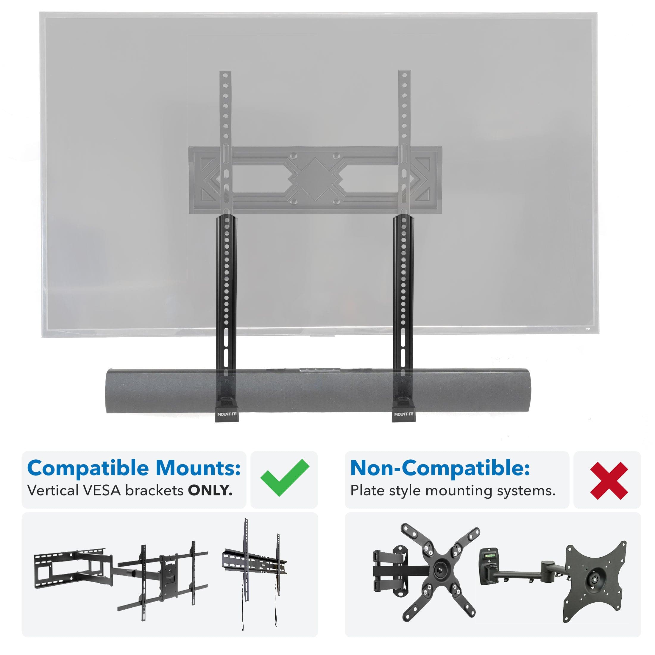 Compatible Mounts: Vertical VESA brackets ONLY.  
Non-Compatible: Plate style mounting systems.