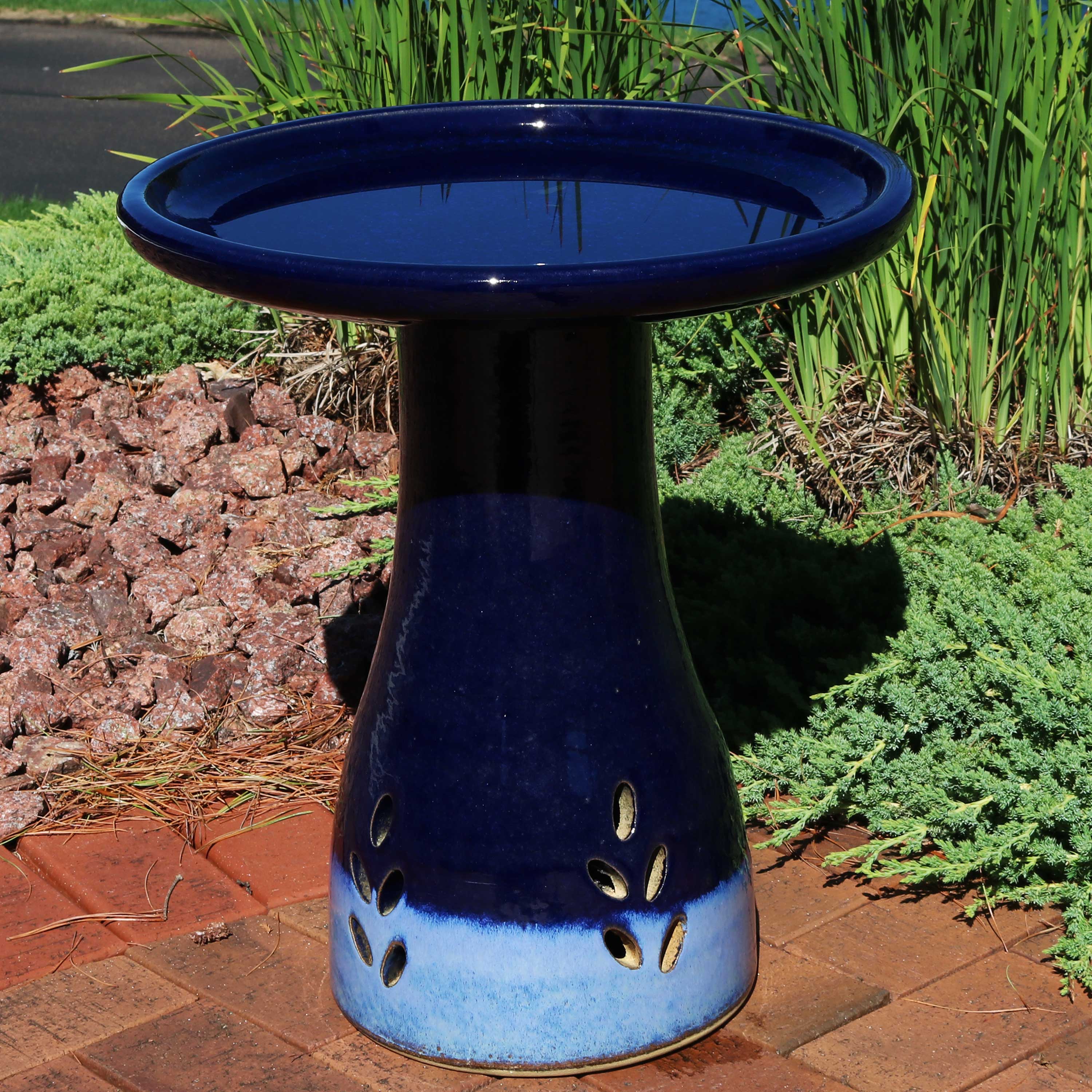 Alt View 5. Sunnydaze - Classic Duo-Tone Cut-Out Ceramic Bird Bath - 20.5 in - Dark Blue.
