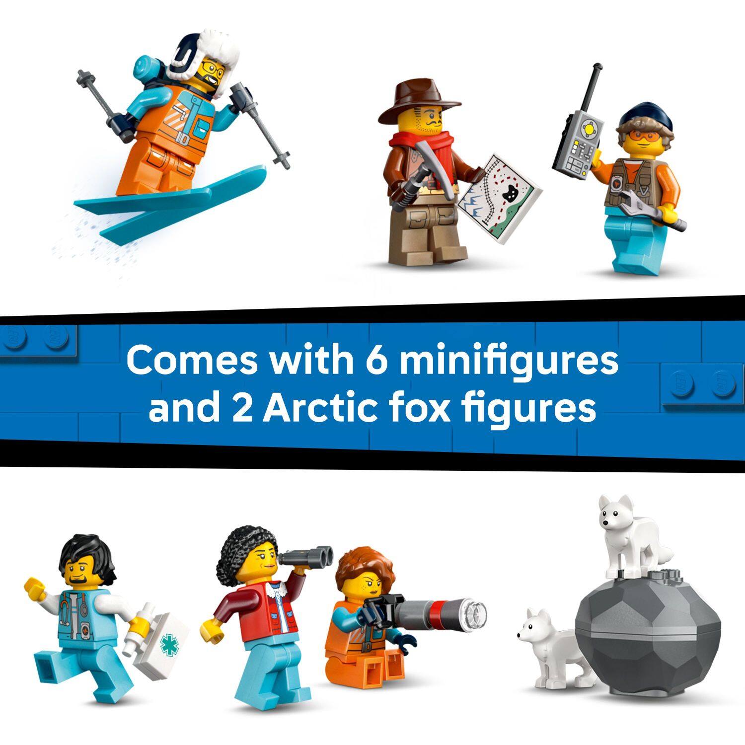 Comes with 6 minifigures and 2 Arctic fox figures