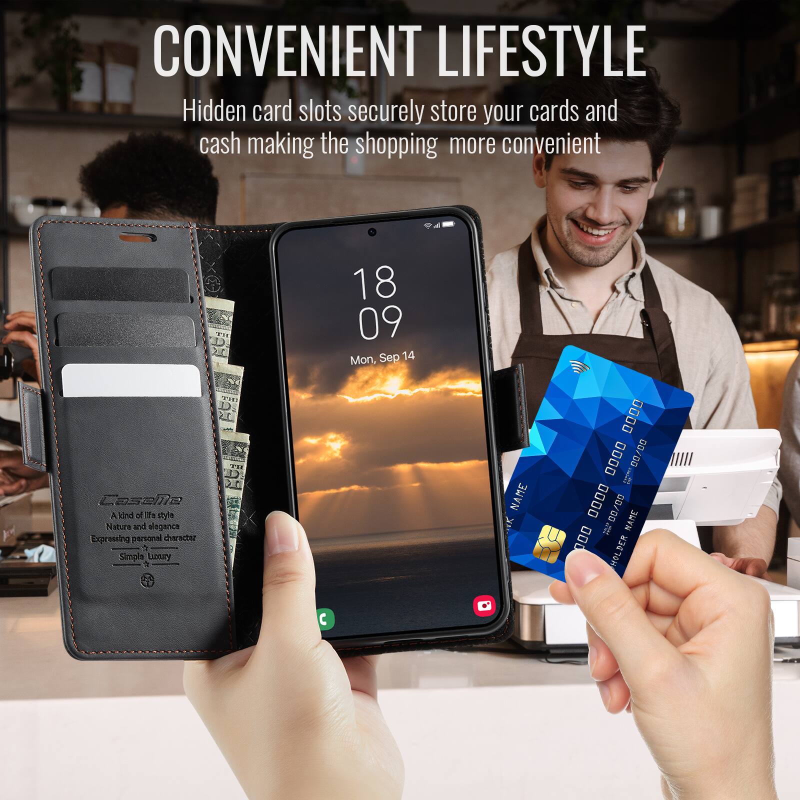 CONVENIENT LIFESTYLE  
Hidden card slots securely store your cards and cash making the shopping more convenient  

A kind of life style  
Nature and elegance  
Expressing personal character  
Simple Luxury  

NAME  
0000 0000 0000 0000  
00/00  

NAME  
0000 0000 0000 0000  
00/00