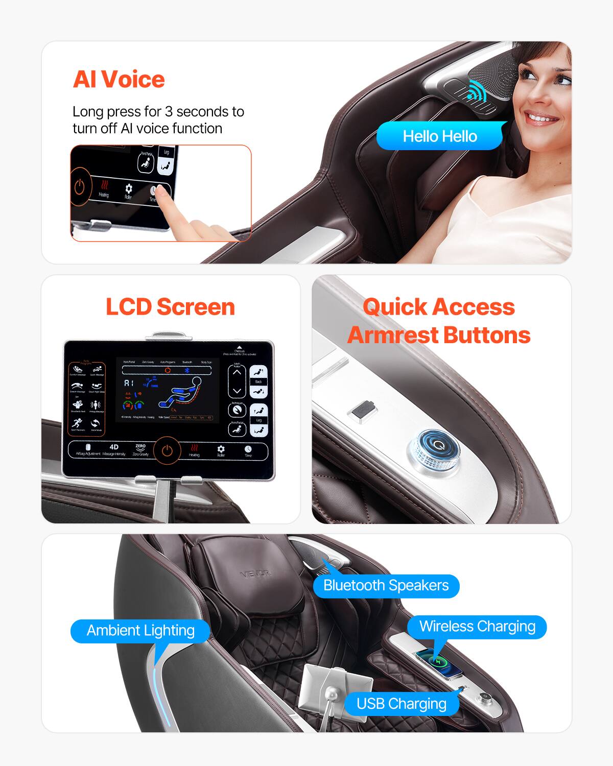AI Voice  
Long press for 3 seconds to turn off AI voice function  

Hello Hello  

LCD Screen  

Quick Access Armrest Buttons  

Ambient Lighting  

Bluetooth Speakers  

Wireless Charging  

USB Charging