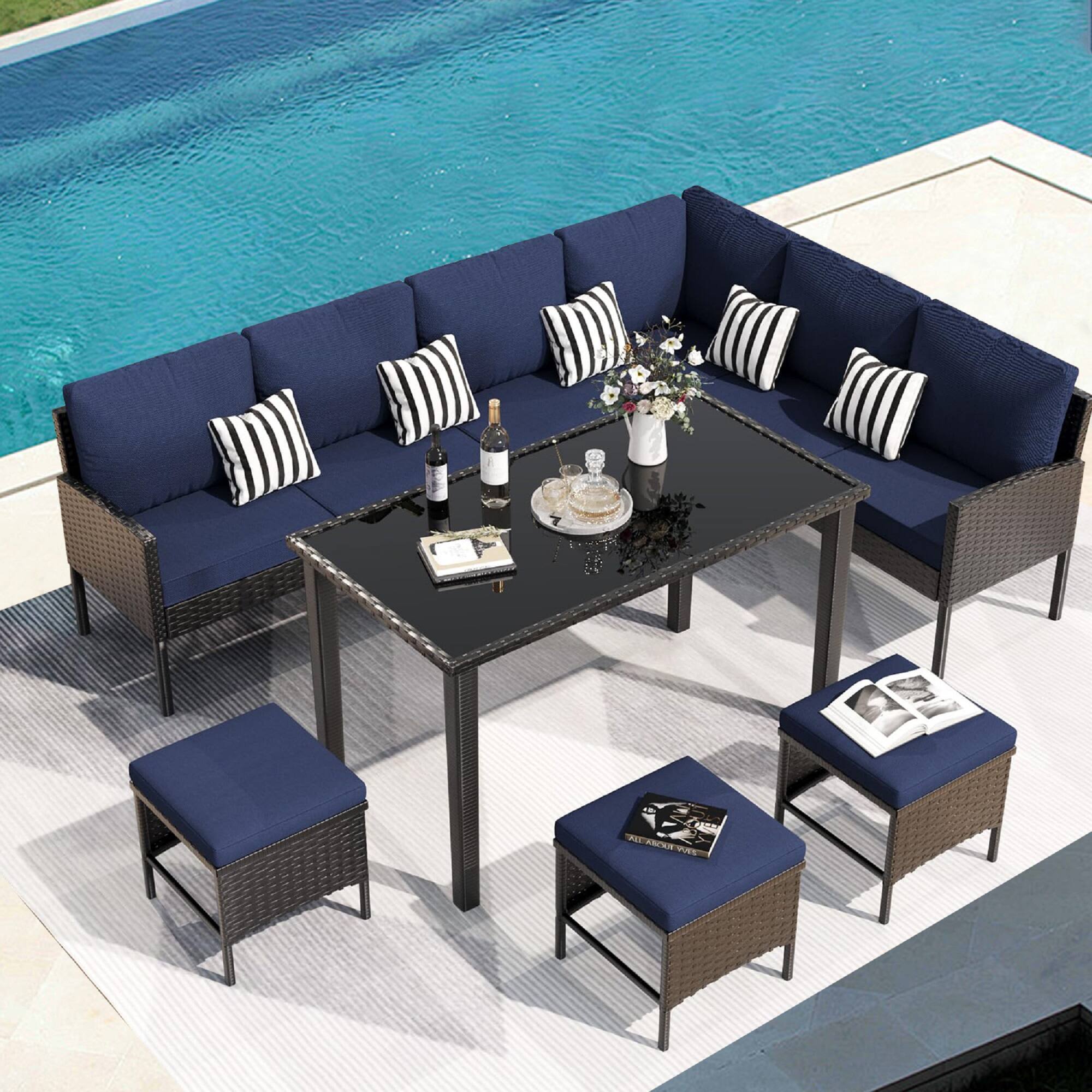 Left. Mondawe - 7-Piece Outdoor Furniture Set With Waterproof Seat Cushion, Glass Table - Blue.