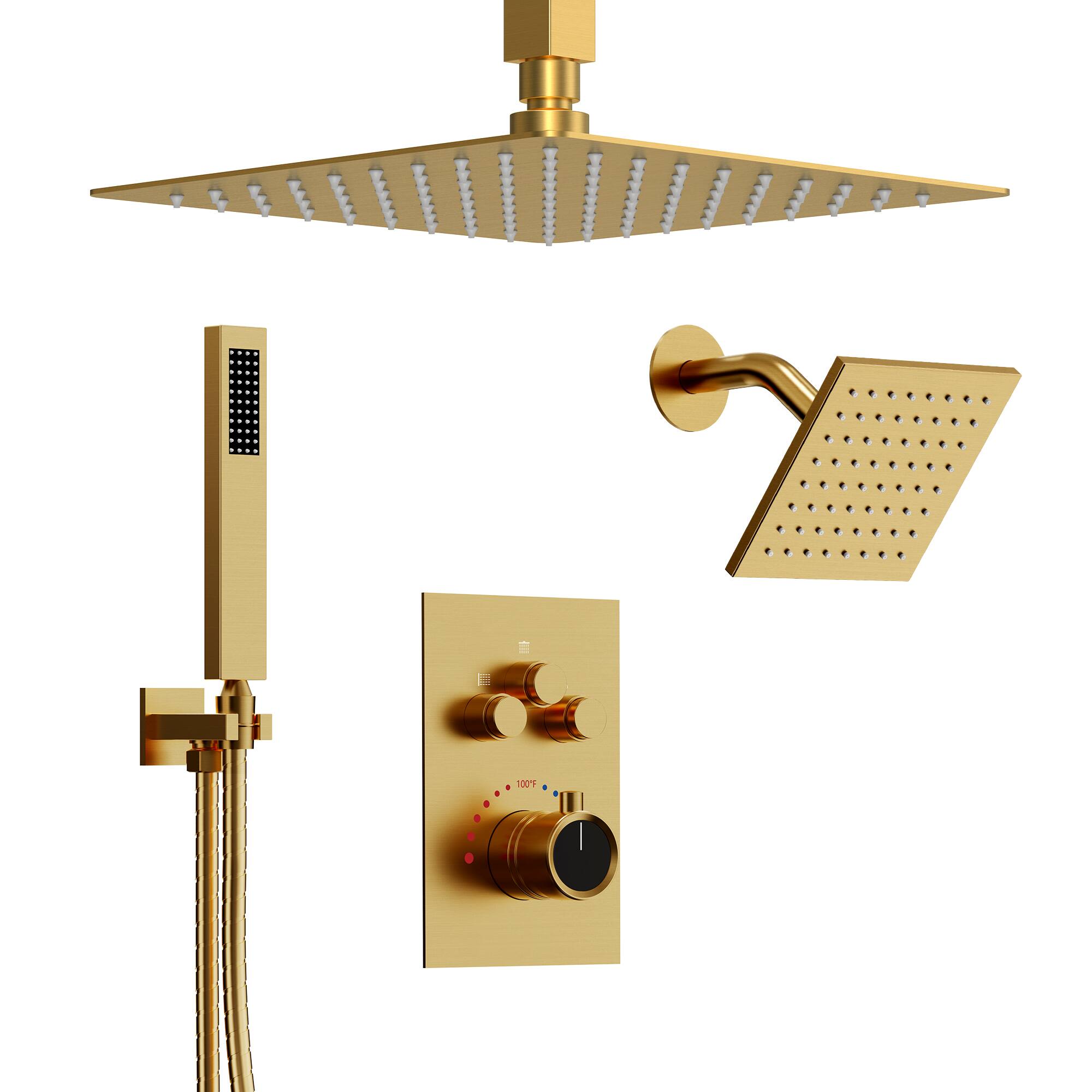 Front. GRANDJOY - 12" Ceiling and 6" Wall Mount Rainfall Shower System with Handheld Sprayer for Modern Bathroom - Brushed Gold.