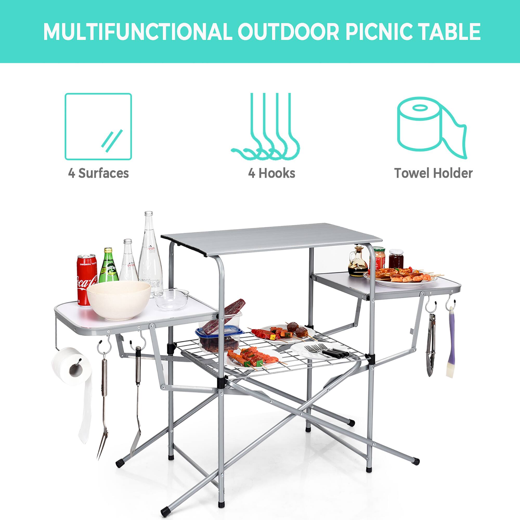 MULTIFUNCTIONAL OUTDOOR PICNIC TABLE 4 Surfaces 4 Hooks Towel Holder