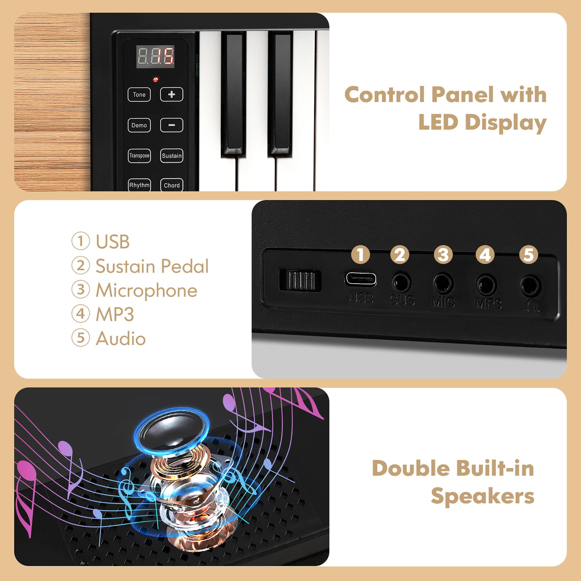 - Control Panel with LED Display
  - Tone Demo + - Control Panel with LED Display Transpose Sustain Rhythm Chord

- USB 2 Sustain Pedal 3 Microphone 4 MP3 5 Audio 1 2 USE SUS 3 MIC 4 MPC 5

- Double Built-in Speakers